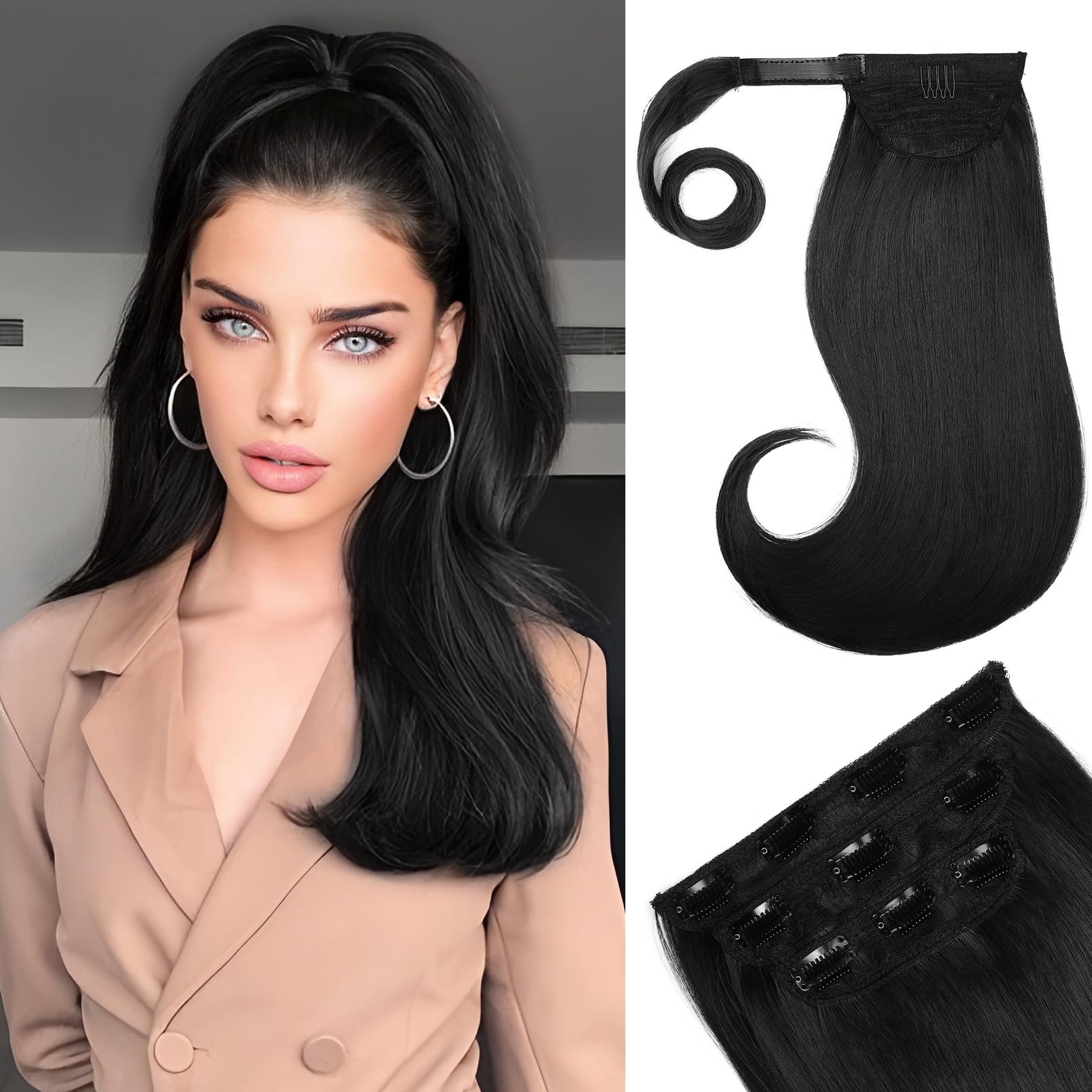 REECHO Half Up Half Down Ponytail Extension, 4PCS Set 18” Clip in Ponytail and Hair Extensions Flip Out Wrap Around Ponytail Synthetic Hairpiece for Women - Black