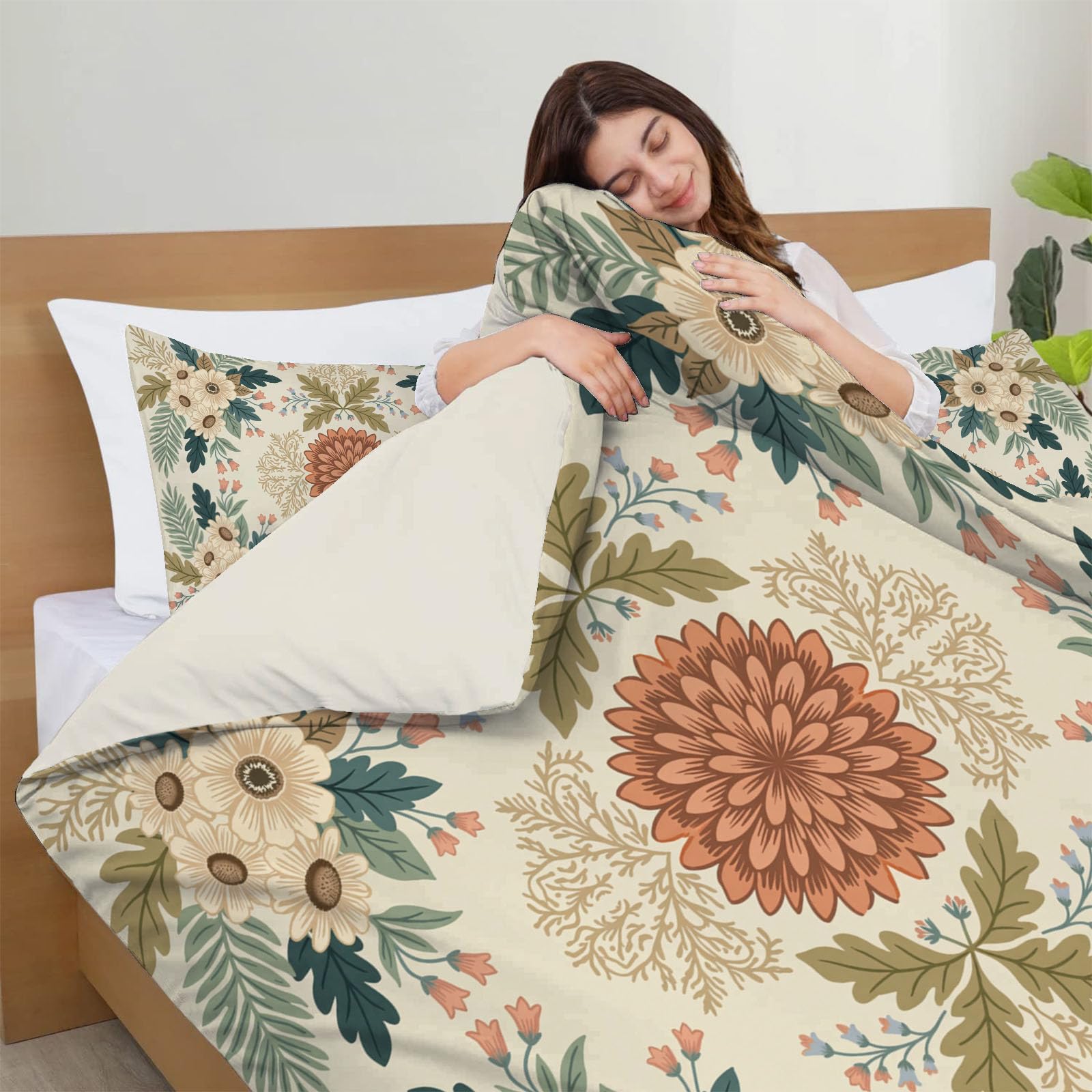 Funda Nórdica Cama 105 Crema,Juego de Cama de Impresión Delicado Estampado Floral Flores y Ramas Microfibra Suave Transpirable,Funda Edredón 200×200CM para Niños Niñas