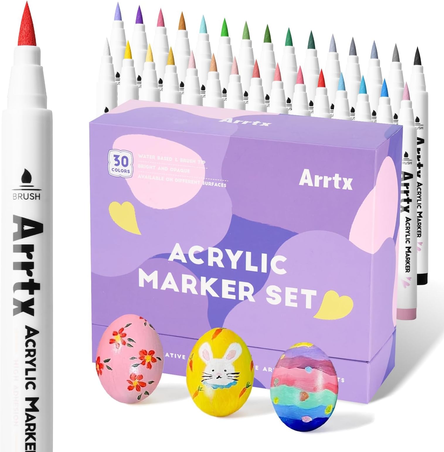 Arrtx 30 Colored Acrylic Pens Extra Brush Tip, Water Based Ink Markers for Painting Rocks, Glass, Easter Eggs, Wood and Fabrics, Non-Toxic, Odor Free