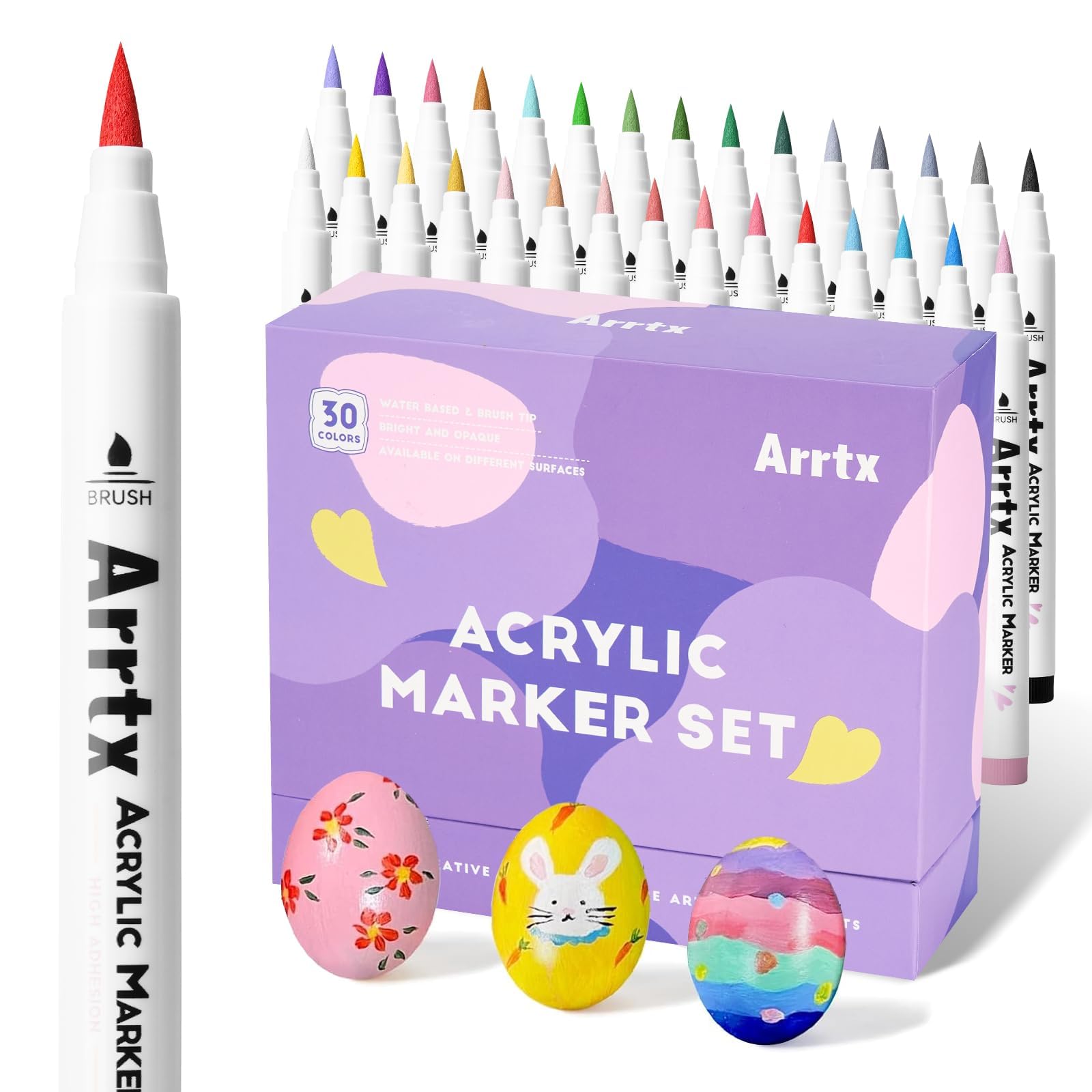 Arrtx 30 Colors Acrylic Paint Pens for Rock Painting, Extra Brush Tip, Water Based Paint Markers for Stone, Glass, Easter Egg, Wood and Fabric Painting-No Toxic,No Odor