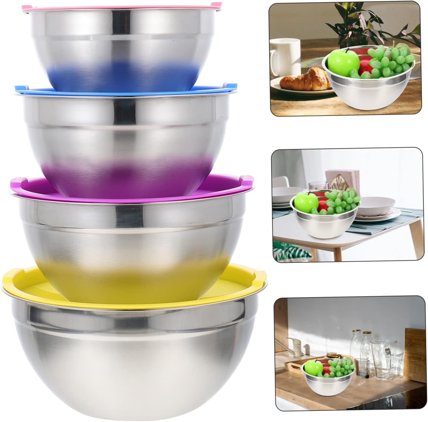 Stainless Mixing Bowl Set 4 Piece Salad Bowl Set with Lids Fruit Storage Bowl Home Mixing Bowl Salad Serving Bowl Kitchen Accessory
