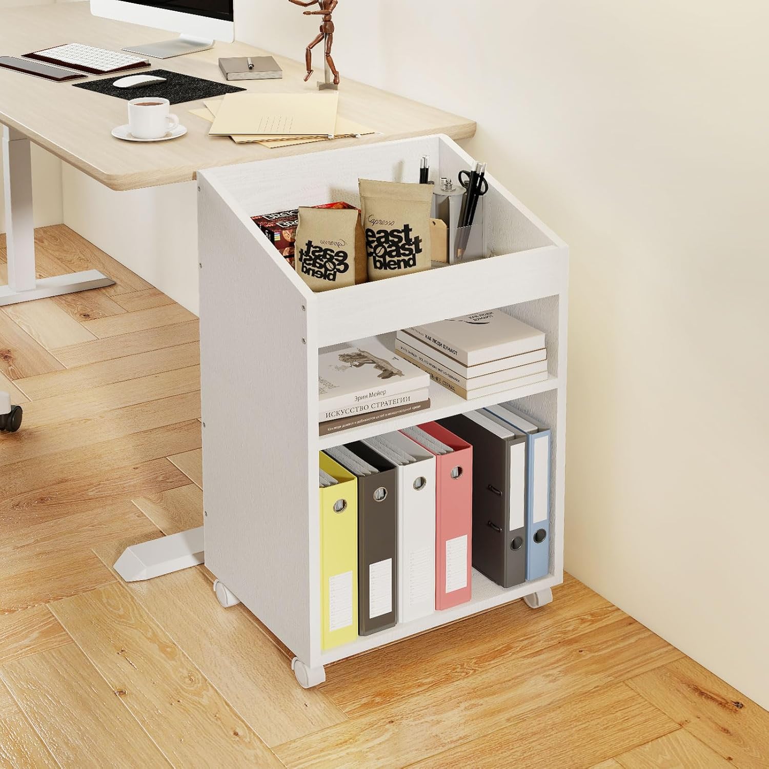 3-Tier Mobile Files Cabinet, Under Desk White Storage Organizer with Wheels for Home Office (White) - Image 2