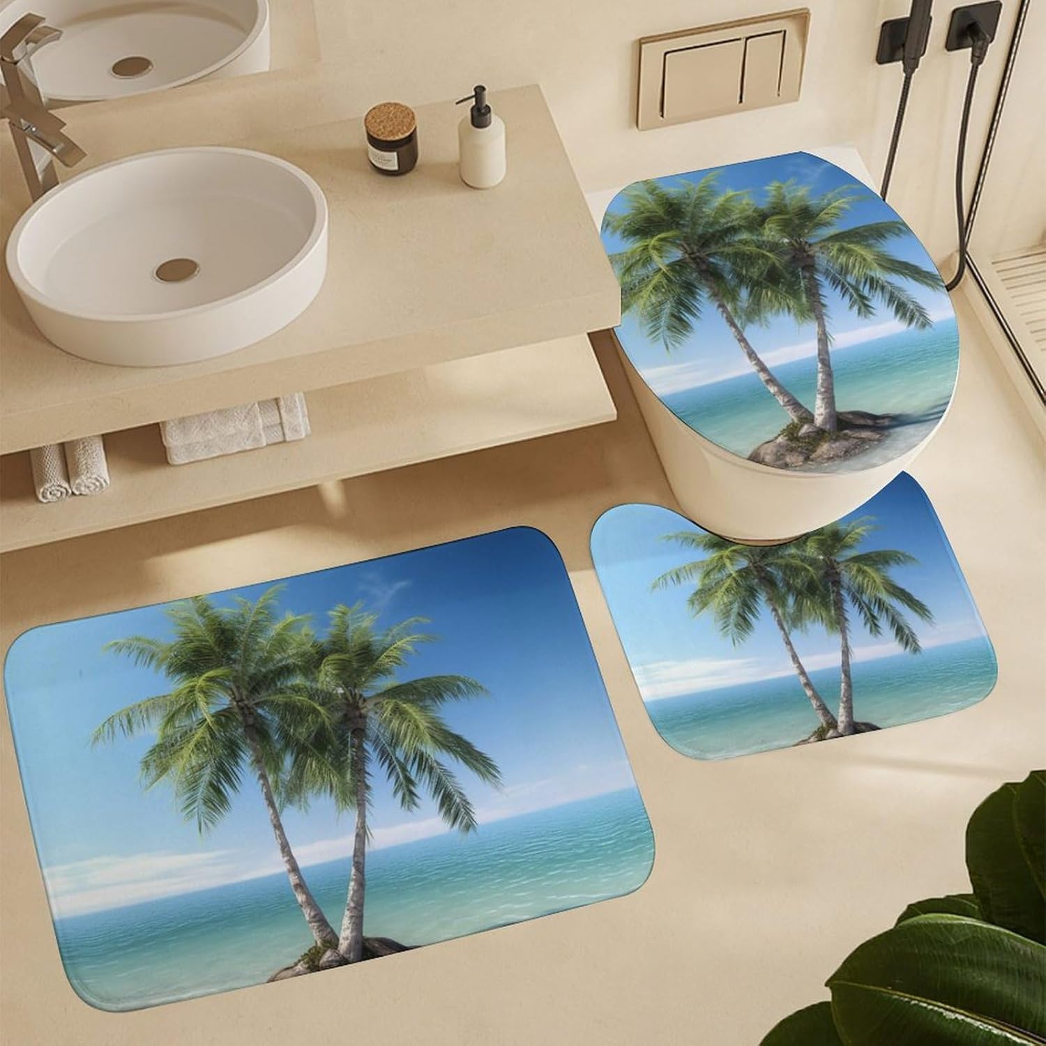 Anti-Skid Floor Mats 3 Piece Set,Sea Palm Trees Printed Coral Fleece Bathroom Mats U-Shaped Contour Mat Toilet Seat Cover for Bathroom, Tub, Shower, Kitchen 19.7"x31.5"