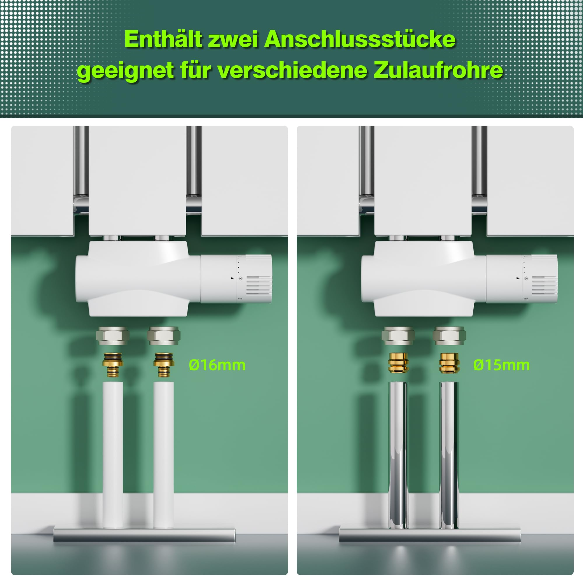 Multiblock Set für Heizkörper Anschlussarmatur mit Thermostat, Hahnblock Heizkörper Ventil Eck- und Durchgangsform 50mm, Heizkörperventil für Badheizkörper Heizungszubehör (G1/2",Weiß)