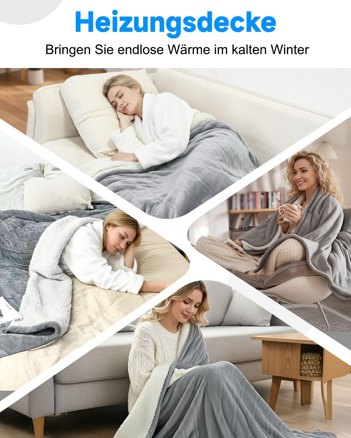 Manta eléctrica con apagado automático, manta térmica con 6 niveles de calor, protección contra sobrecalentamiento, manta eléctrica para casa y oficina, franela lavable, color gris