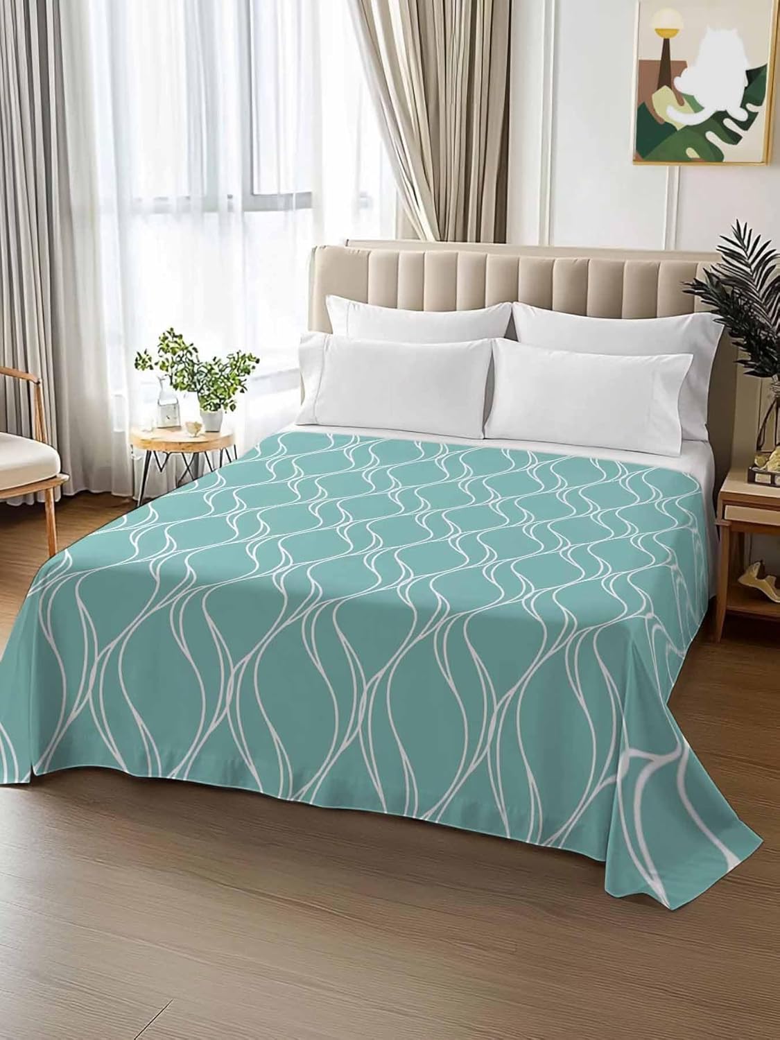 Top Sheet Full Bedding Flat Sheet Only, White Wave Stripe on Teal Microfiber Bed Sheets Soft Breathable Bedding Flat Sheets, Abstract Geometric Texture Hotel Luxury Top Sheets