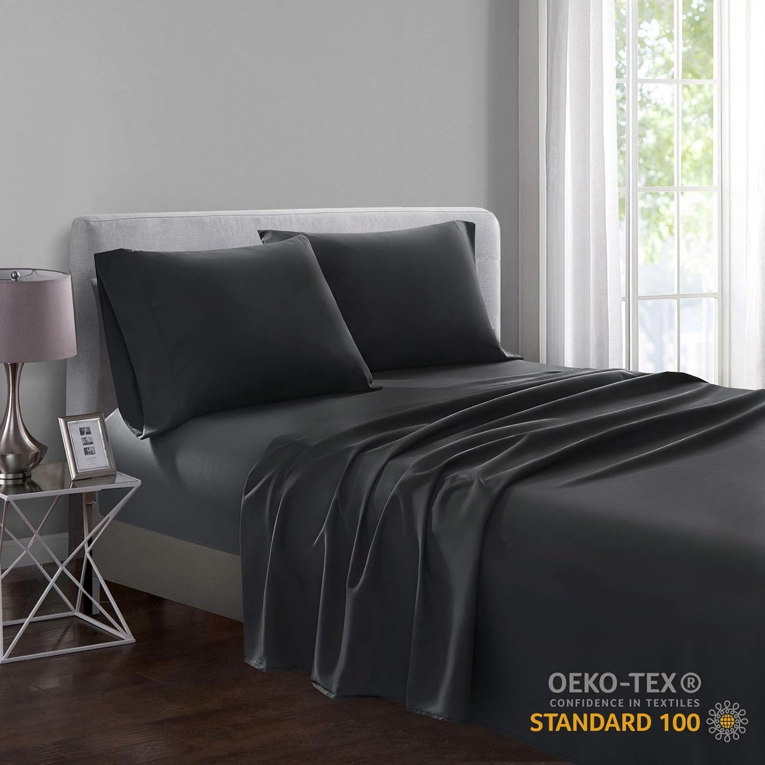 Shalala Full Size Sheet Set Soft Brushed Microfiber 4-Piece Bedding Set 14 inch Deep Pocket Easy Care for All Season Back to School Black