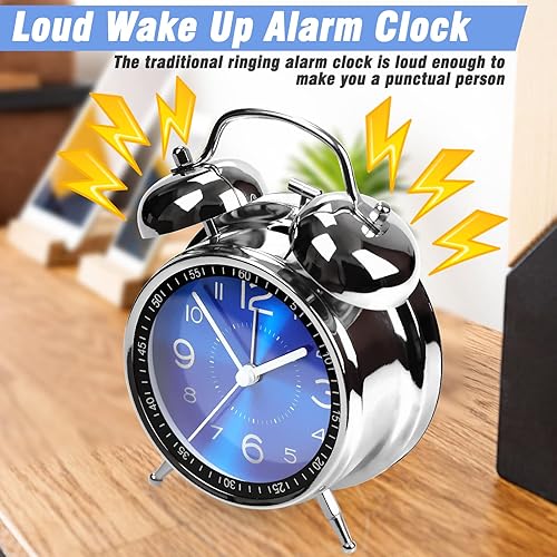 Miniatura 4 de AYRELY Reloj despertador súper ruidoso para adultos que duermen pesadamente, doble campana, retro, de 4 pulgadas, silencioso, sin tictac, cuarzo con