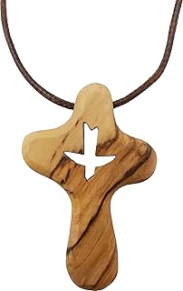 Logos Trading Post Holy Spirit Dove Comfort Cross, Wooden Cross Necklace for Men & Women, Certified Holy Land Olive Wood Orthodox Pendant Necklace from Bethlehem Israel