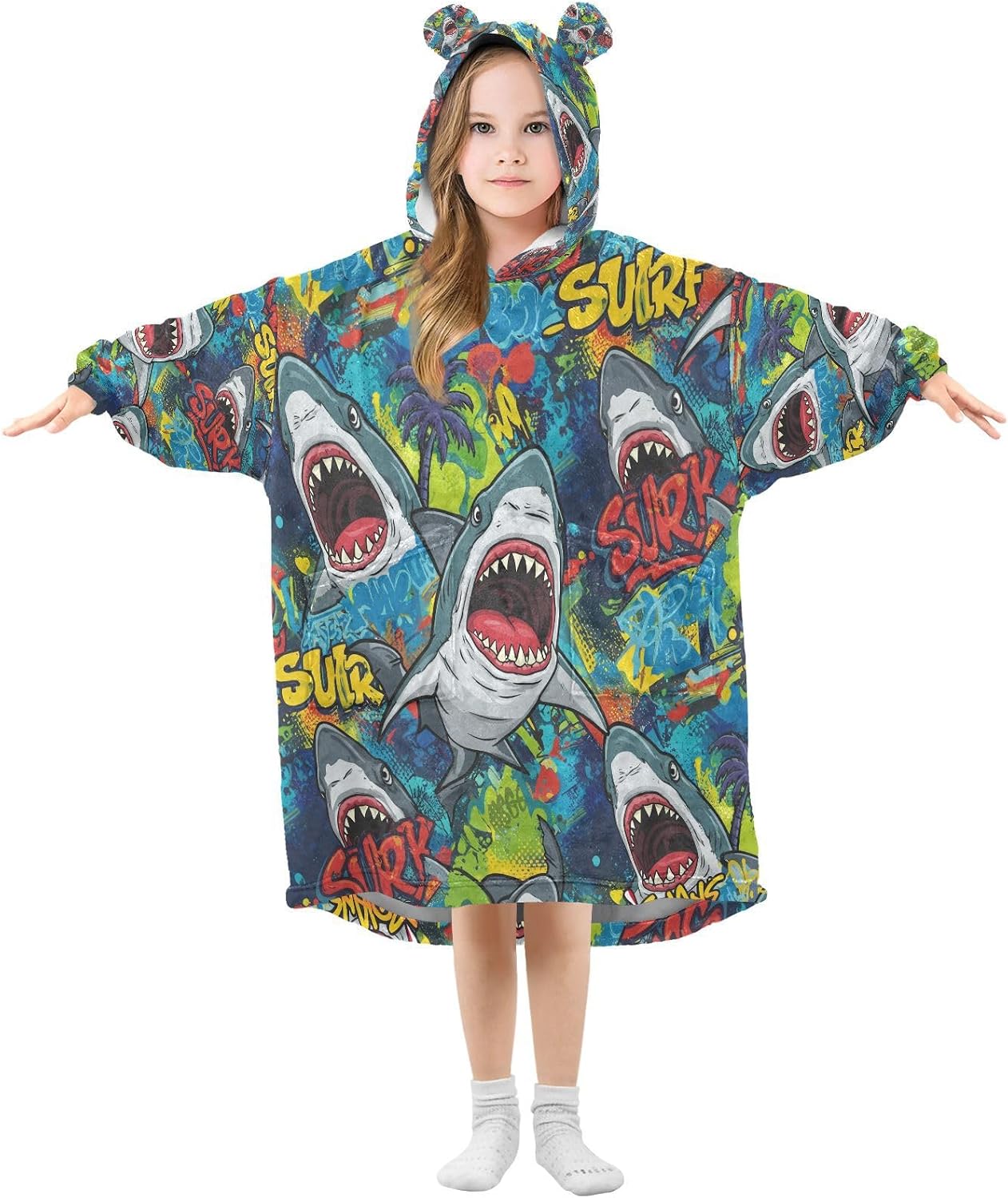 Kigai Cute Sharks Wearable Blanket Hoodie for Kids Oversized Hooded Blanket Warm & Cozy Sweatshirt with Pockets