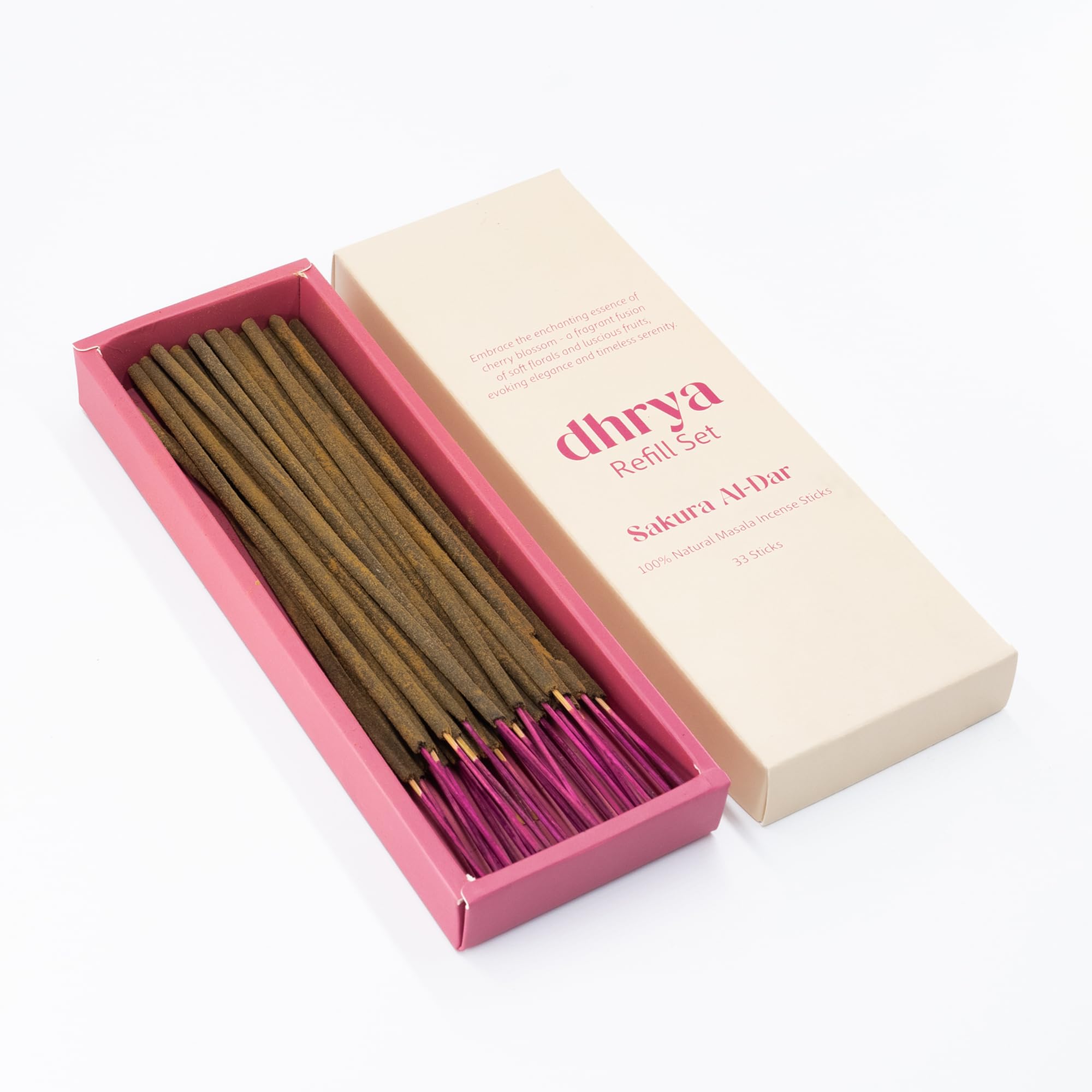 Dhrya Pink Sakura Al-Dar Cherry Blossom Luxury Incense Stick Refills – Hand-Made Natural Masala Incense, Organic, Charcoal-Free, Cherry Blossom Aroma (33 Refill Sticks Only)
