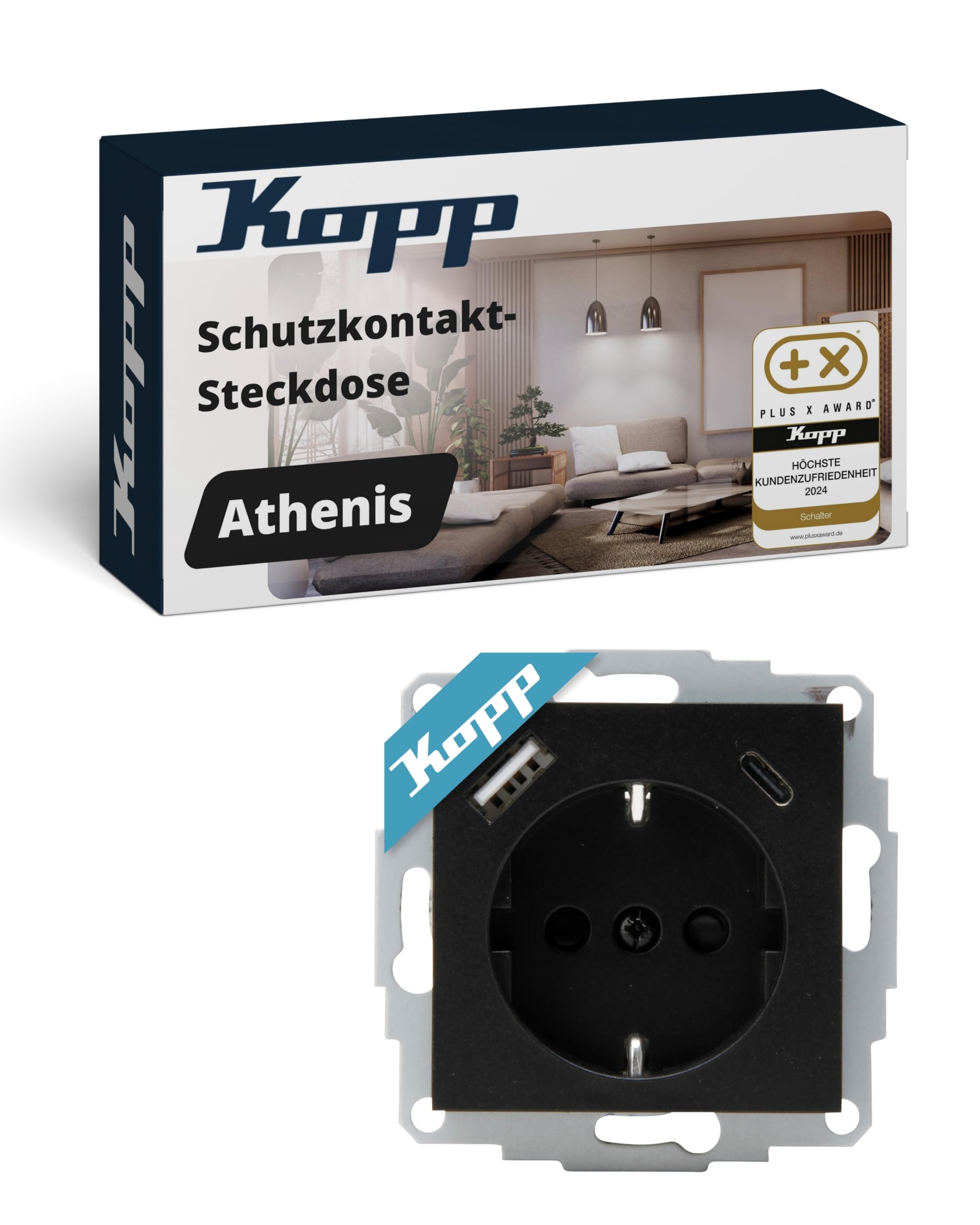 Kopp ATHENIS Unterputz-Steckdose mit USB A & USB C in Schwarz matt – Schutzkontakt-Steckdose mit integrierten Ladebuchsen – 16 A / 250 V~ IP20 – Steckklemmen & erhöhter Berührungsschutz