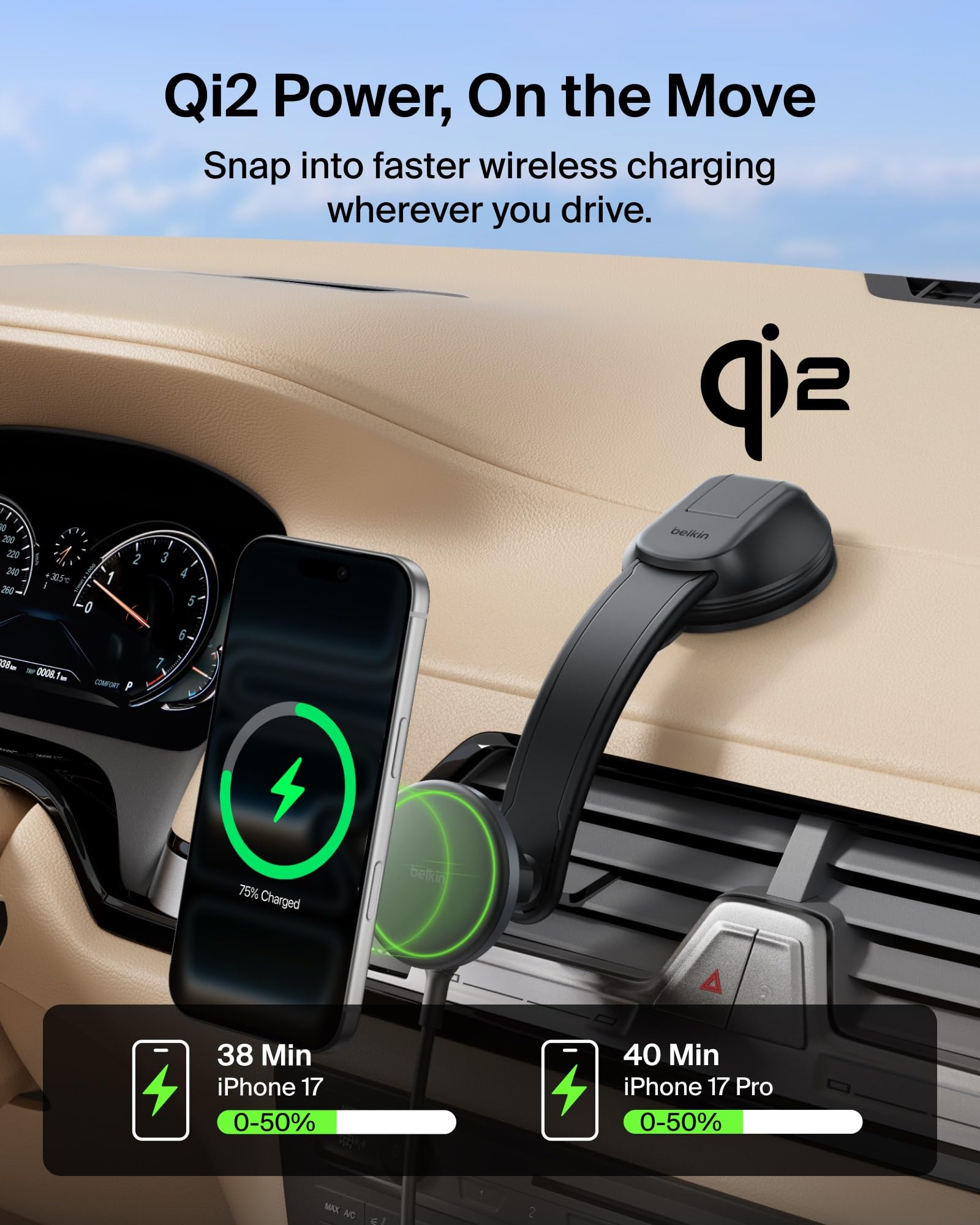 Belkin Caricatore da auto wireless, supporto magnetico per cruscotto con cavo USB C da 1 m, compatibile Qi2 MagSafe, caricabatterie per iPhone 17, Galaxy S25, Pixel 10 e altri, accessori da viaggio