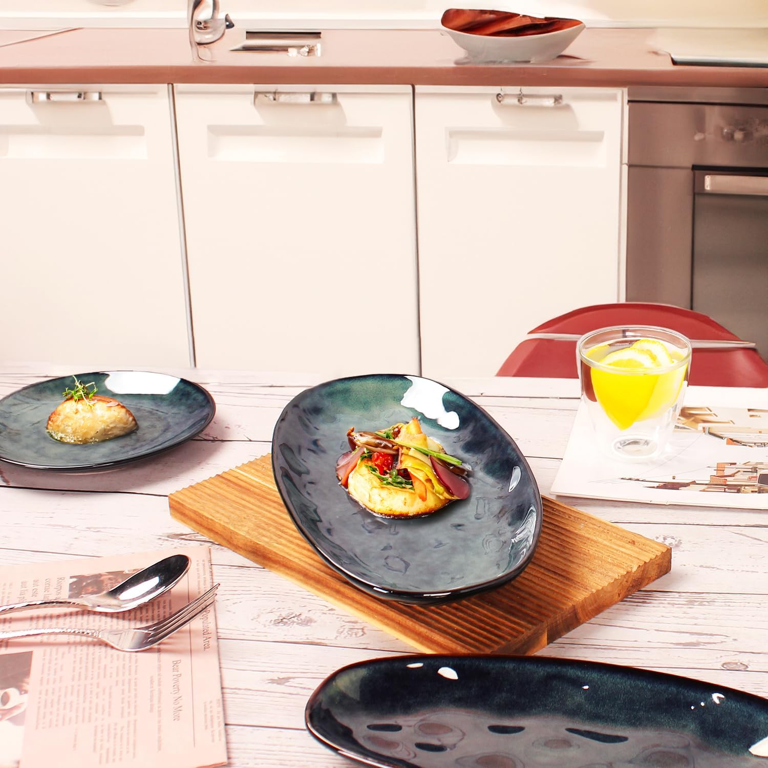 Ceramic Serving Platters - Set of 4 Oval Salad Plates for Entertaining, Modern Kitchen Dishes for Dinner, Fruit, Salad, Serving Trays, Oval Plates 11.2 Inch