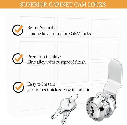 Miniatura 5 de Cerraduras de leva de 58 pulgadas con igual llave  Paquete de 12 cerraduras de gabinete con llave igual, cajones de archivos seguros, buzón de