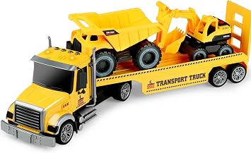 Dwi Dowellin 27" Large Friction Powered Construction Truck Car Toy with Excavator and Dump,Semi Truck Toys for 3 4 5 Years Old Toddlers Kids Boys & Girls Gift