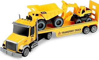 Dwi Dowellin 27" Large Friction Powered Construction Truck Car Toy with Excavator and Dump,Semi Truck Toys for 3 4 5 Years Old Toddlers Kids Boys & Girls Gift