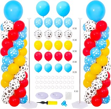 Toys Inspired Story Balloon Column Stand Kit Set of 2, 7FT Height Balloon Towers Set of 2 with 140PCS Blue Red Yellow White Balloons for Cartoon Inspired Story Birthday Party Decorations
