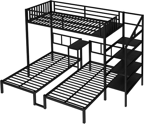 Miniatura 11 de Litera en forma de L individual sobre cama matrimonial adjunta, litera triple de metal con escritorio y tobogán integrados, marco de literas de