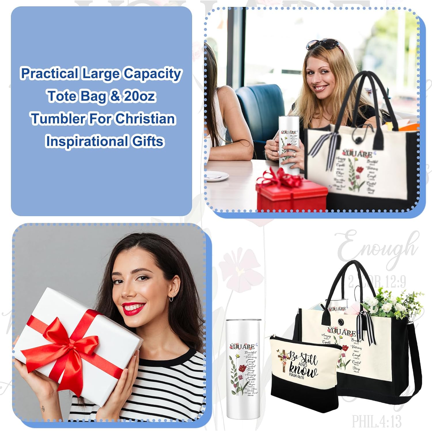 Silkfly 3 Pcs Christian Inspirational Gifts Set for Women Mothers Day Birthday Gifts Stainless Steel Tumbler Canvas Tote Bag for Friend Family Coworker