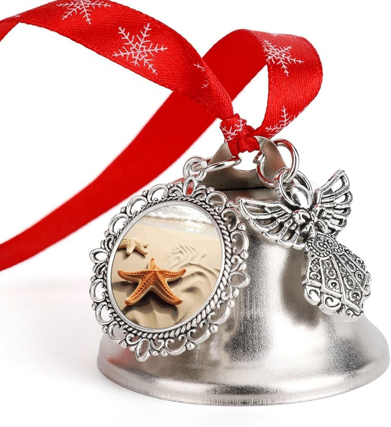 Starfish on The Sand Beach Landscape Christmas Bell Ornament Metal Christmas Jingling Bell Vintage Bells for Xmas Tree Decors Wings & Loves Bells Ornaments for Holiday Decor