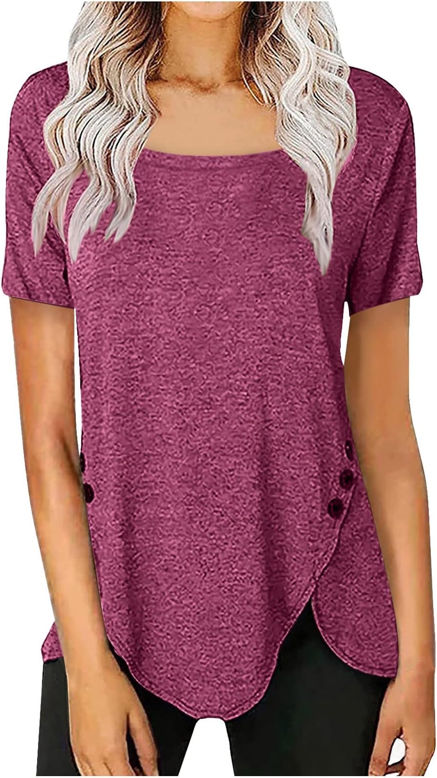 Plus Size Tops for Women Casual Solid Color Square Neck Short Sleeve Summer Loose Top Button Pleated T-Shirt Blouse Tee (,)
