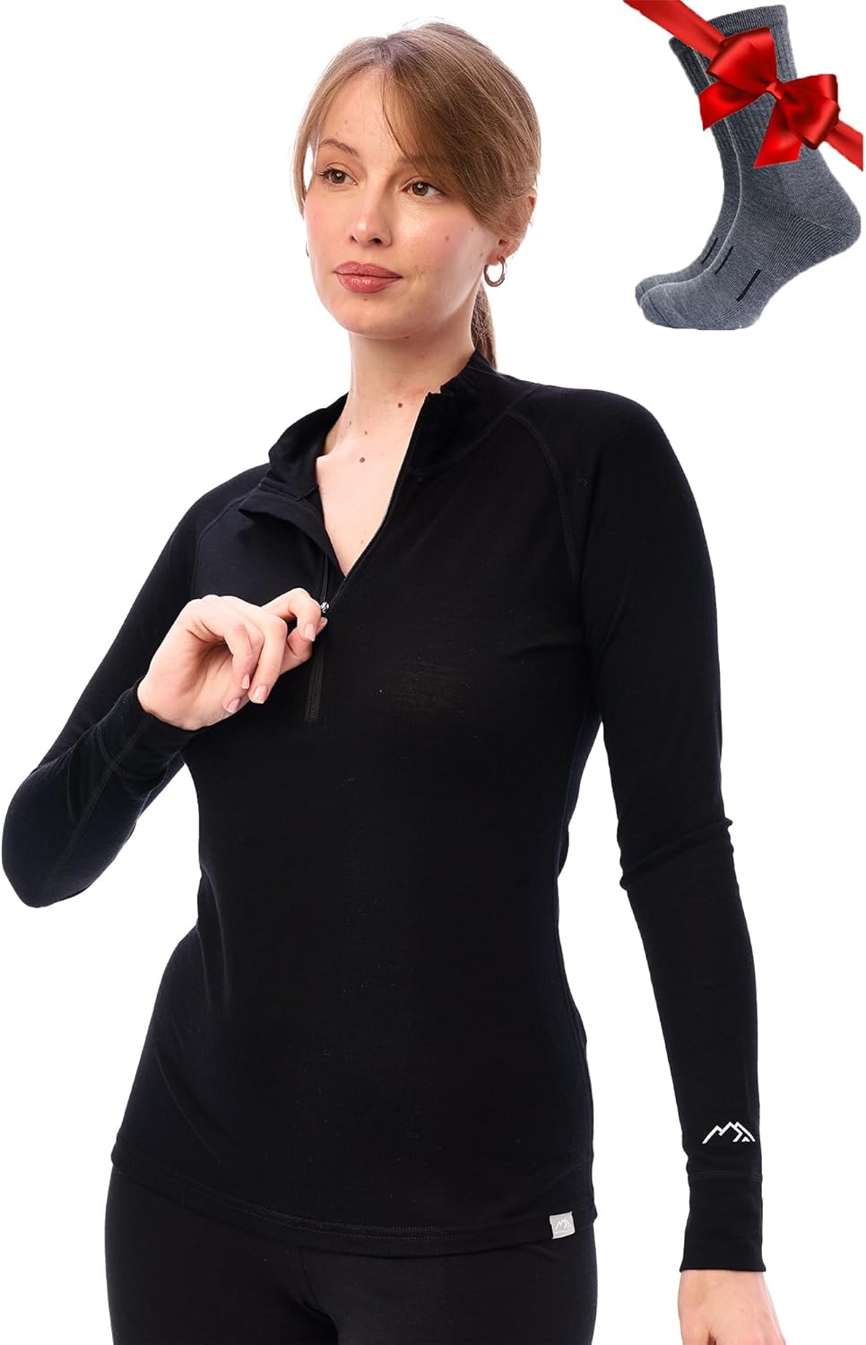 Merino Wool Base Layer Women - 100% Merino Half Zip Sweater Women Lite, Midweight, Heavyweight Thermal Shirts and Socks