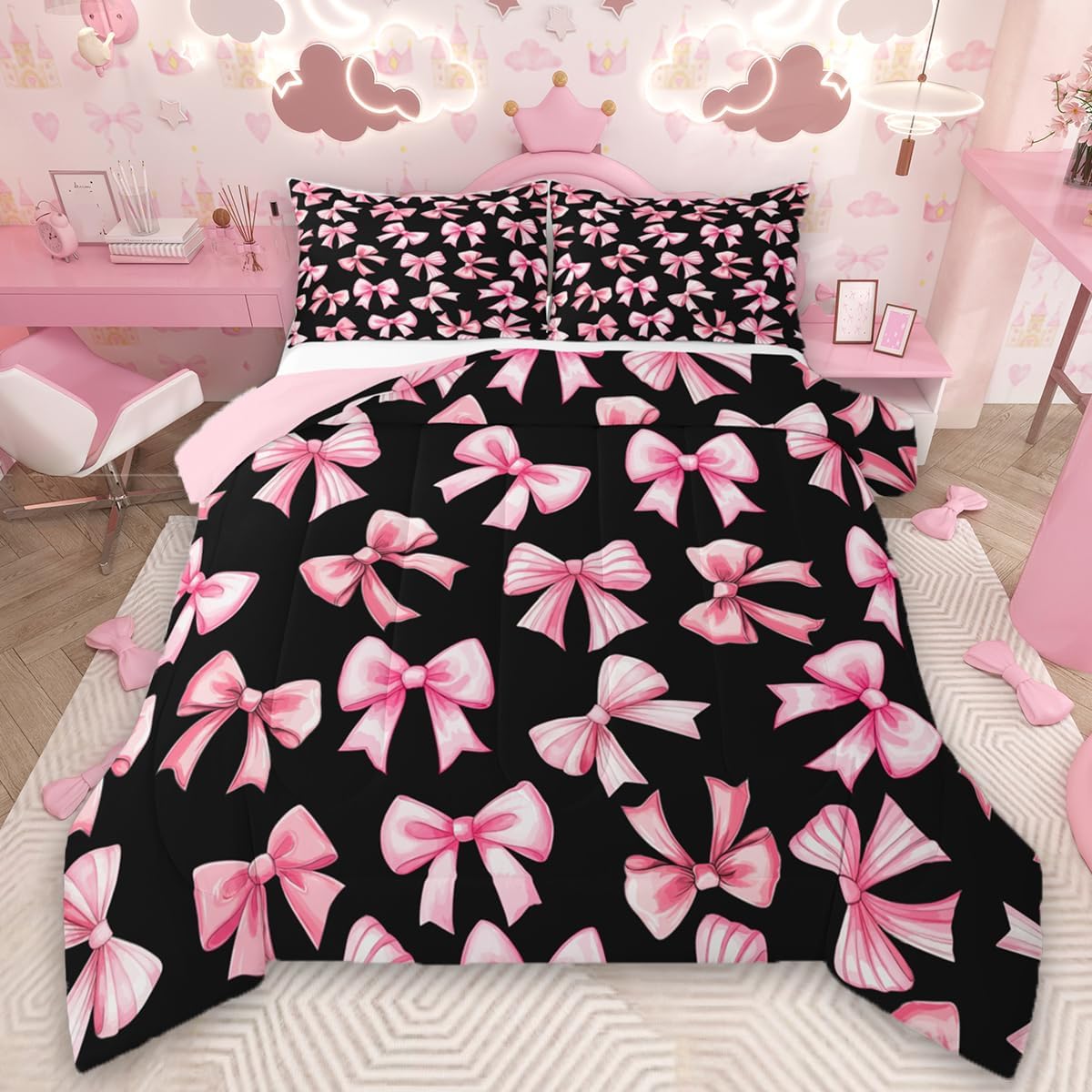 Feelyou Kawaii Pink Bow Comforter Set Twin Dreamy Princess Style Bedding Set Cute Bowknot Duvet Quilt Gifts for Women Teen Girl,Bedroom Decor Cute Coquette Bow Knot 2 Pcs with 1 Pillow Cases