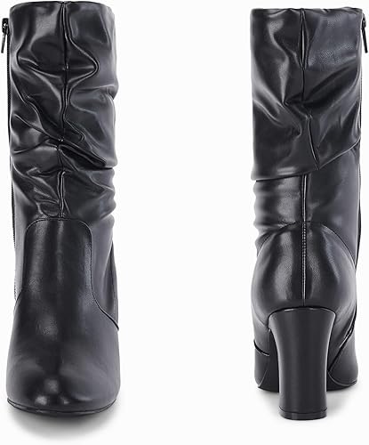 Miniatura 4 de Coutgo Botas holgadas de media pantorrilla para mujer, de gamuza, tacón alto, con cremallera, apiladas, gruesas, puntera redonda