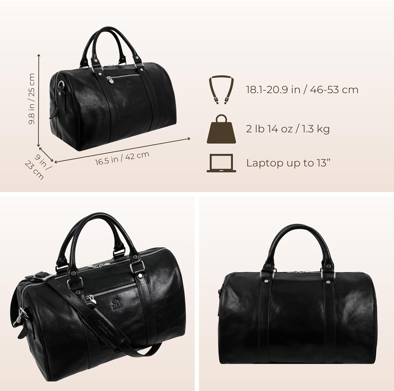 Full Grain Leather Small Duffel Bag Gym Bag Weekender Overnight Unisex Brown - Time Resistance - Image 4