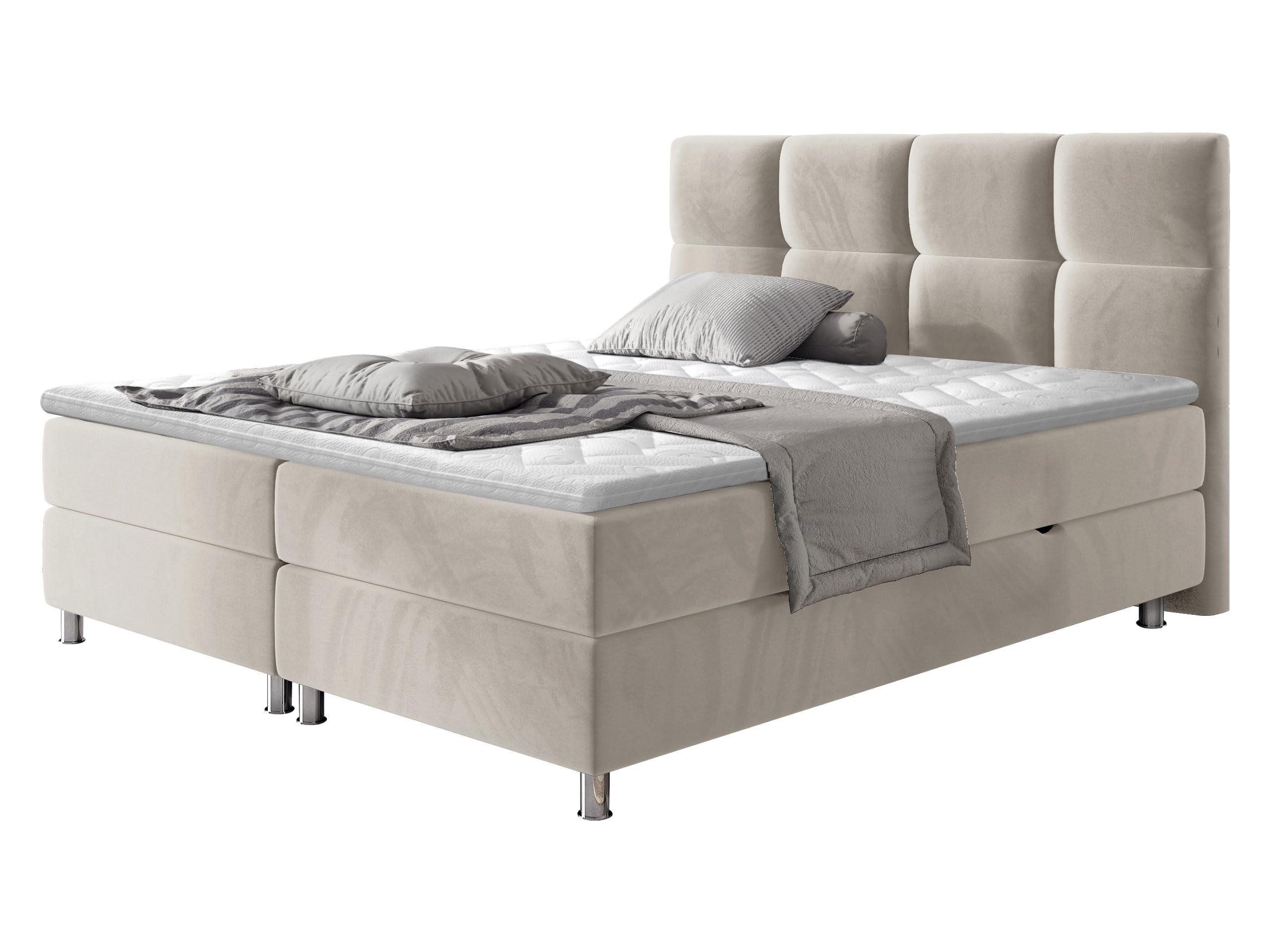 Mirjan24 Boxspringbett Evan mit Zwei Bettkästen, Bonellfederkernmatratzen + Schaumstoff und Topper, Kopfteil gesteppt und gepolstert, Continentalbett, Polsterbett, Ehebett (Fresh 01, 160 x 200 cm)