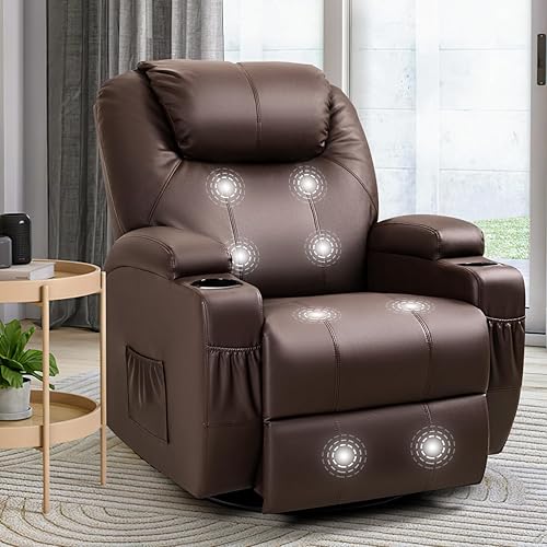 Furniwell Rocker Recliner Chair with Massage for Elderly, Leather Adjustable 360°Swivel Rocking Sofa for Living Room with Remote Control, Cup Holders (Brown)