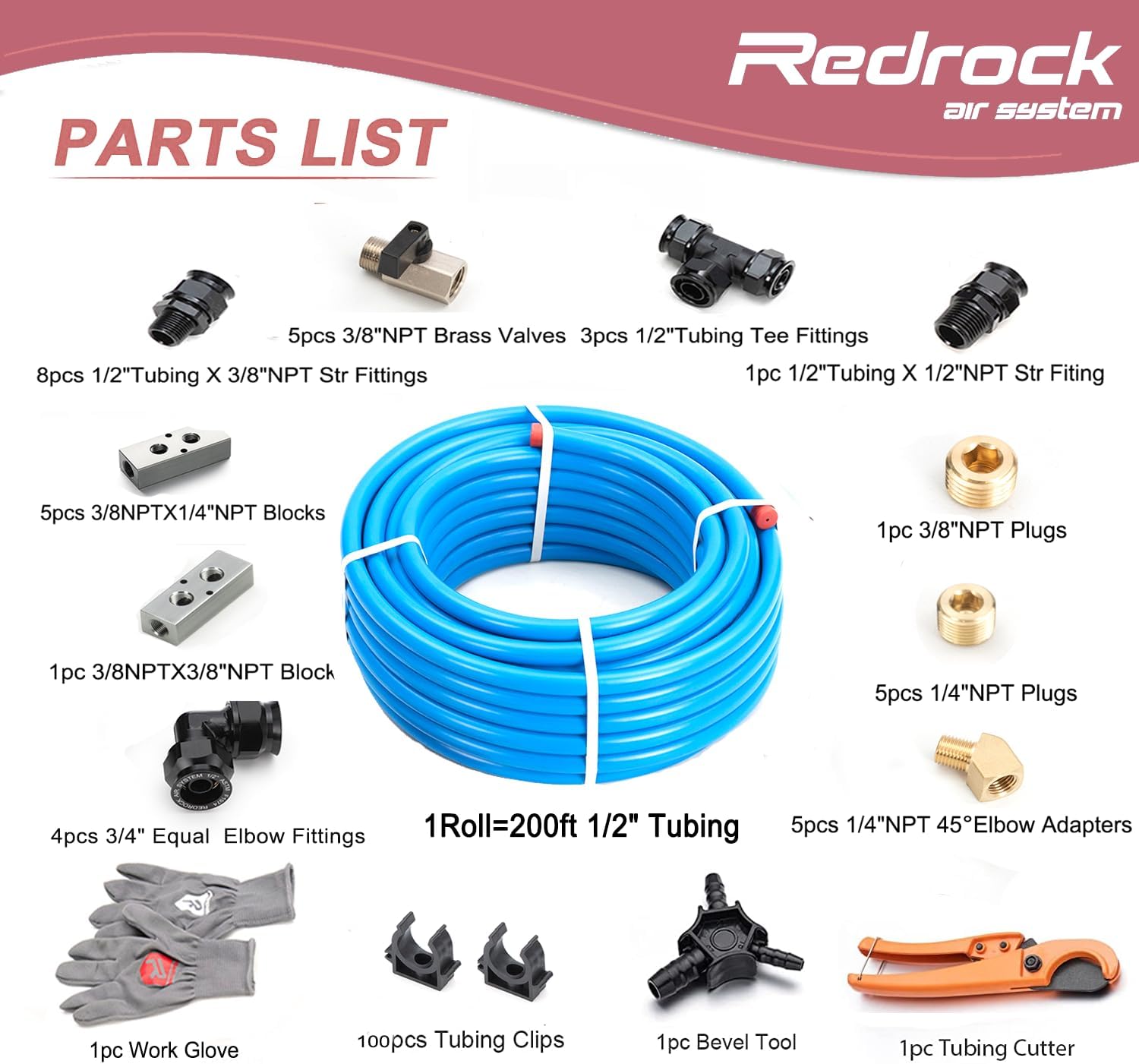 Shop Air Line Kit 1/2" x 200ft HDPE Aluminum Compressed Piping System with Compressor Outlet Blocks, Equal Elbow Fitting, Rapid Air System for Garage Air Hose Kit 200PSI ASTM F1282