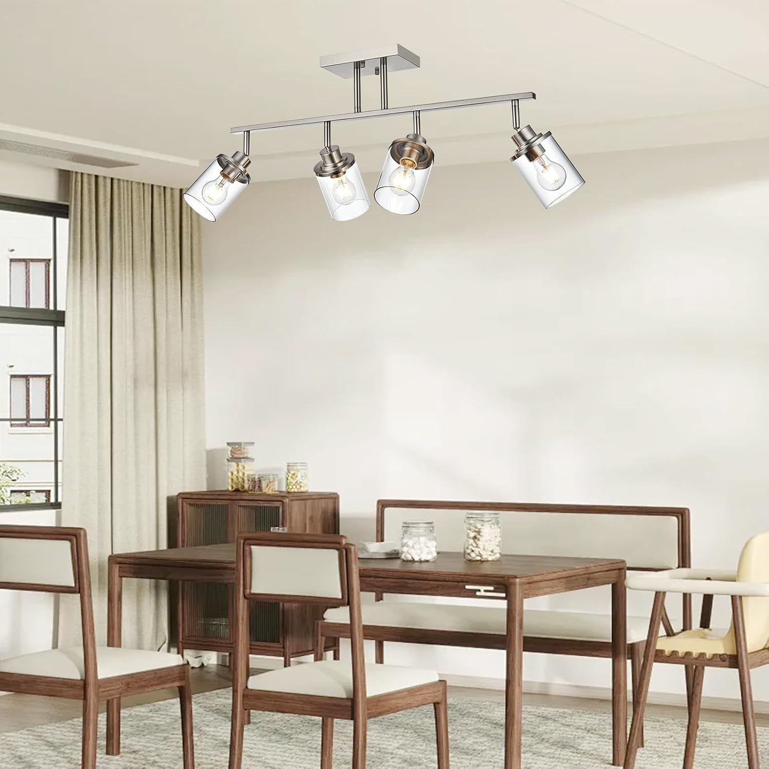 Yaohong 4-Light Track Lighting Kit Brushed Nickel Track Lighting Fixtures, Bathroom Wall Light Ceiling Mount Rotatable Spotlights, Kitchen Ceiling Light Fixtures with Glass Shade for Bathroom Hallway