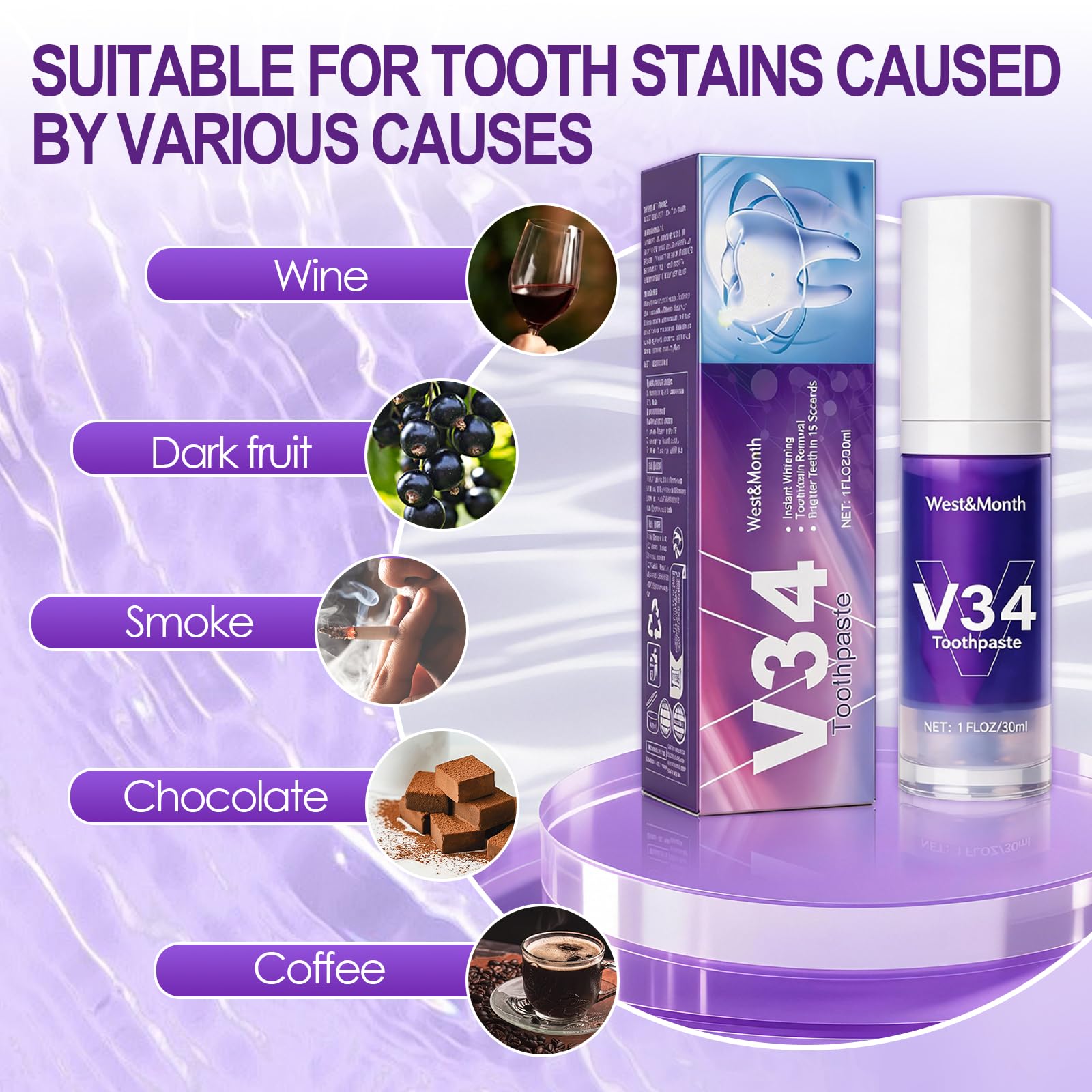 30ml Pasta de Dientes Púrpura Blanqueadora, Pasta Blanqueadora, Dientes Limpios y Brillantes, Proporciona un Blanqueamiento Suave y una Limpieza Eficaz, para una Sonrisa Más Blanca y Luminosa - 5