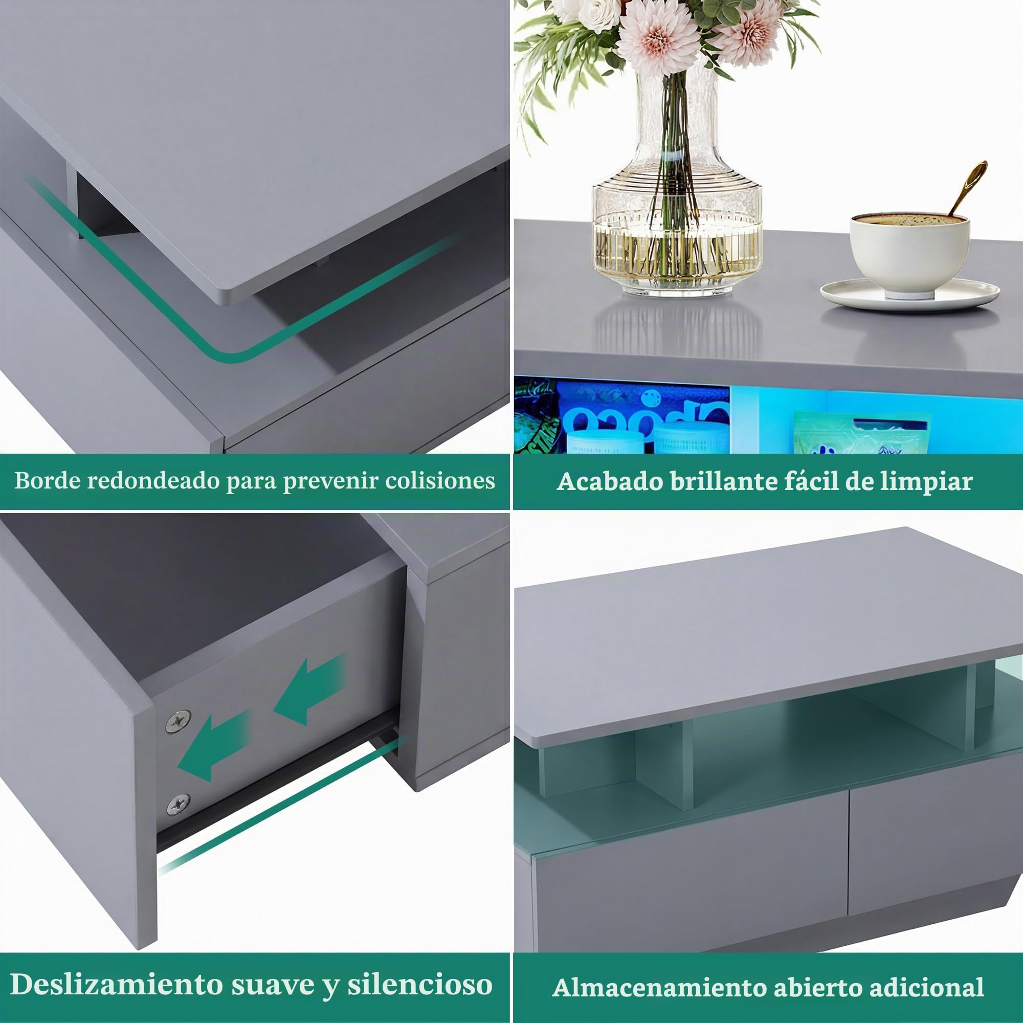 YITAHOME Mesa de Centro Gris, Mesa de Sala de Estar de Alto Brillo con iluminación LED de 16 Colores, Moderna, Mesa Auxiliar con Estante de exhibición Abierto y 4 cajones extraíbles 90x55x41,1 cm