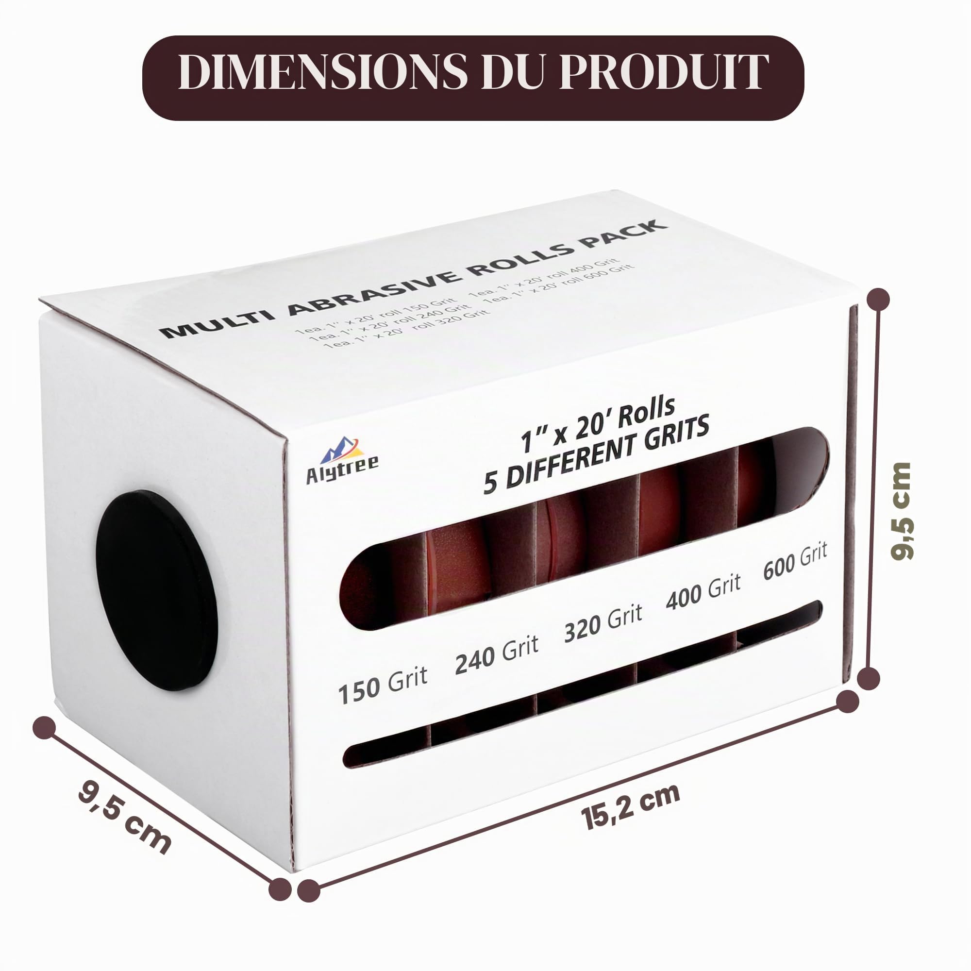 Rouleau de papier abrasif - 6 m x 25 mm - 5 grains 150, 240, 320, 400 et 600 - Avec boîte distributrice - Lot de papier abrasif pour ponceuse manuelle pour bois, métal