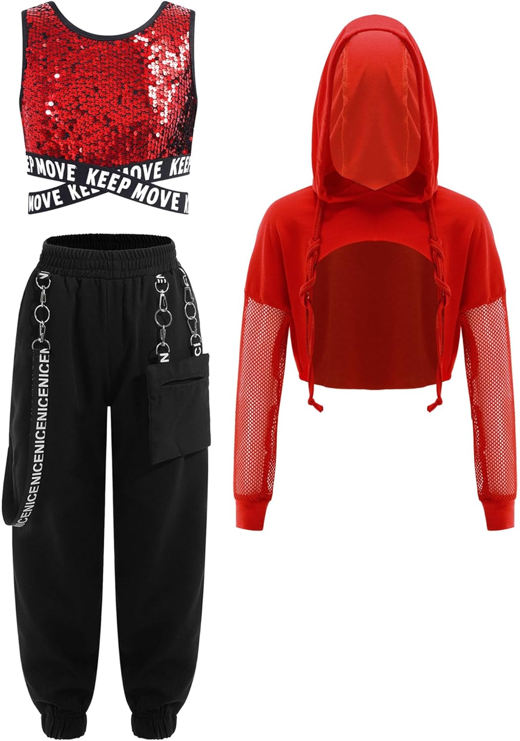 ACSUSS Kids Girls Sequin Crop Top Hoodie Sweatshirt and Cargo Pants Hip Hop Dance Active Training Sportswear