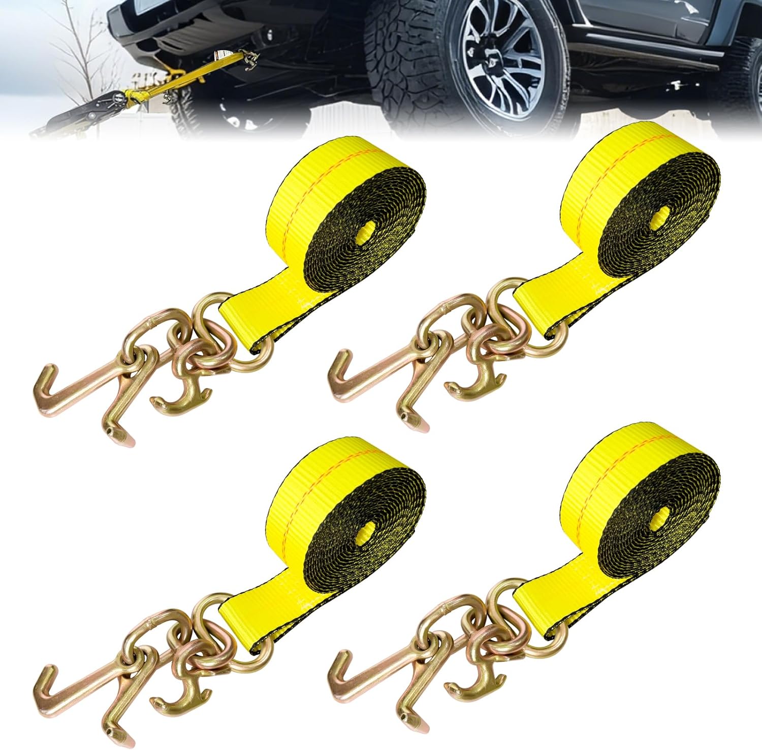 4PCs 2" x8' Recovery Winch Strap w/RTJ Cluster Hook, 10000LBS Tow Truck Car Wrecker Winch Tie Down Straps, Heavy Duty Autohauler Car Tie Down Straps