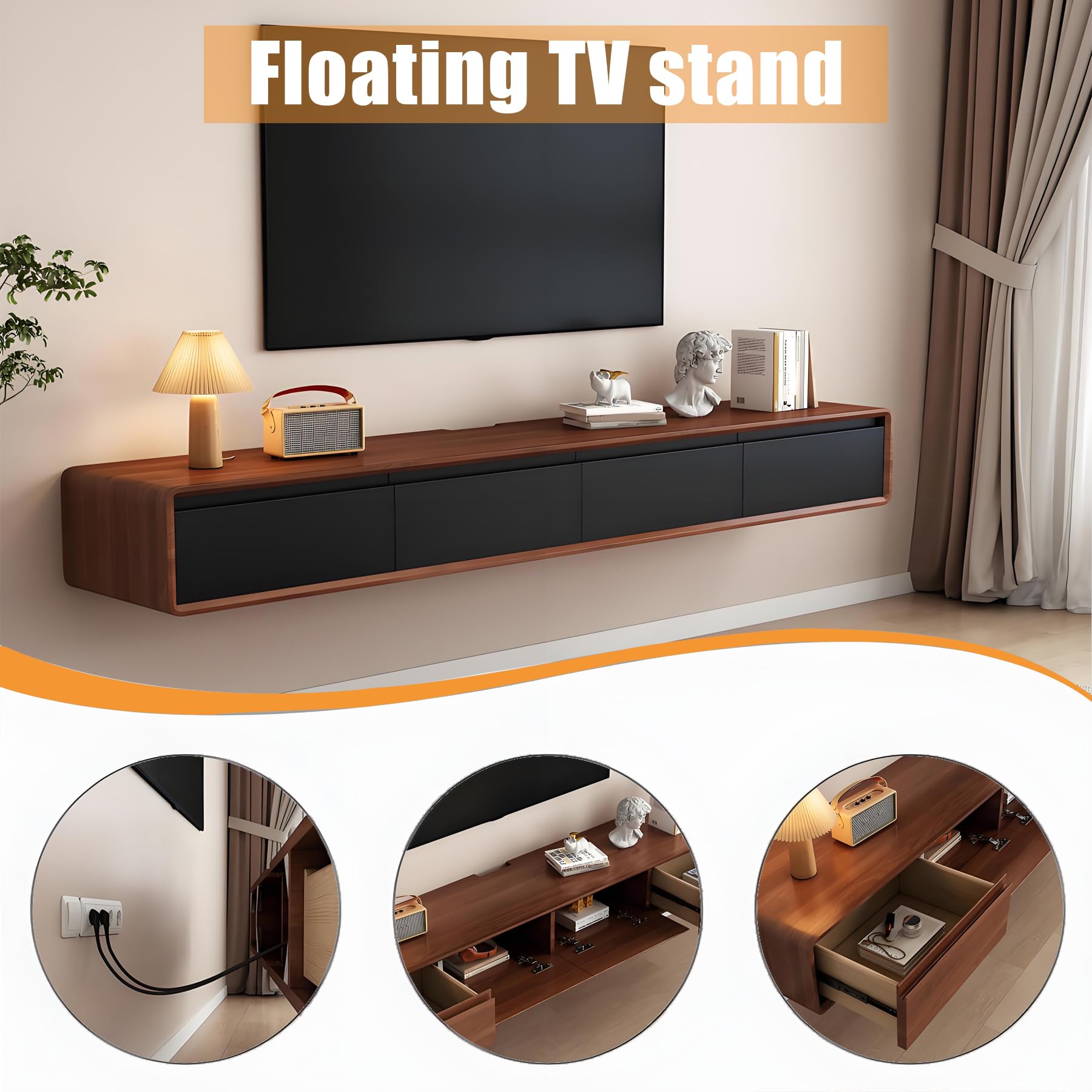 Mobile TV sospeso in legno massello, 160/200/240 cm, mobile TV sospeso, con 2 cassetti (bianco, 160 cm)