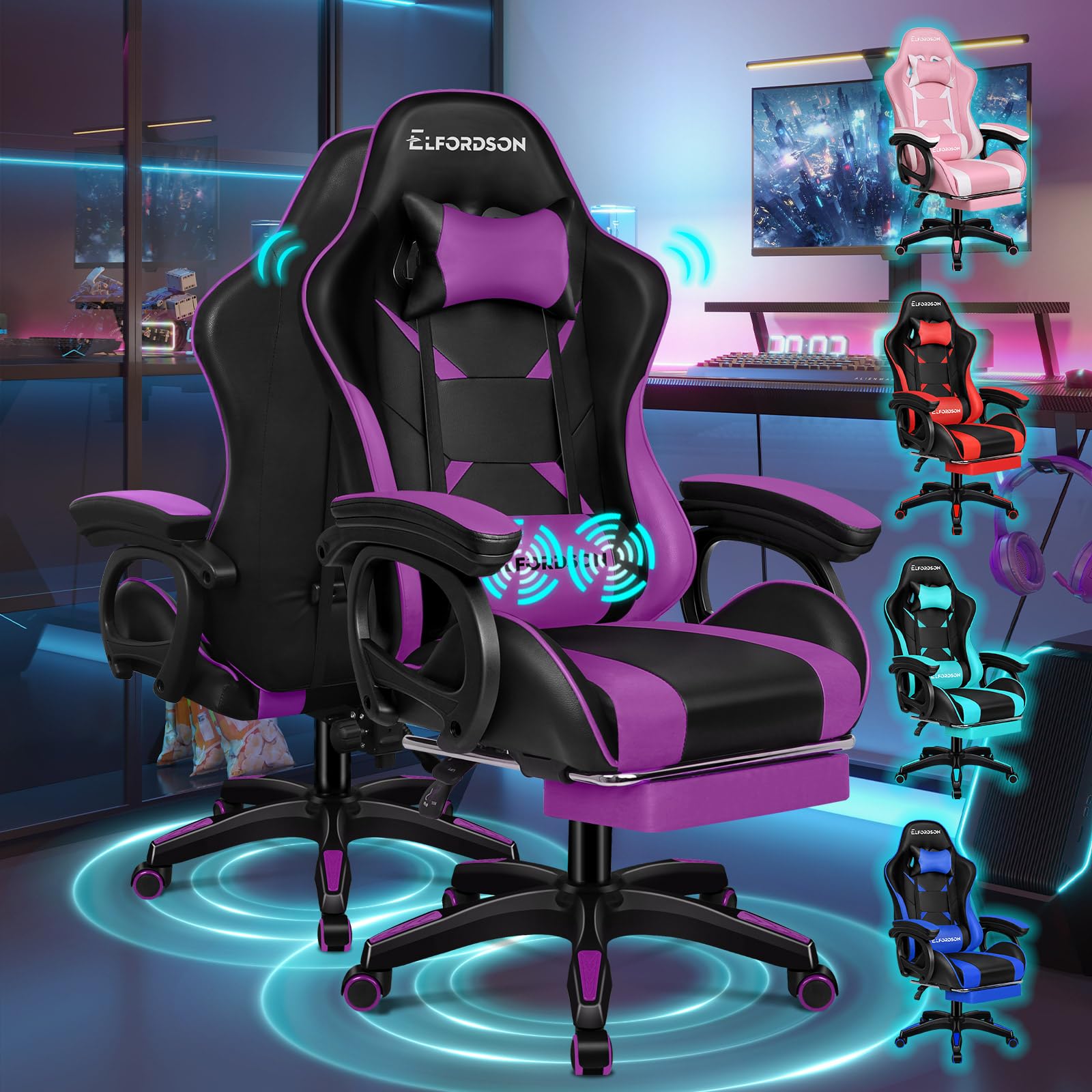 ELFORDSON 2-point Massage Gaming Chair with Footrest Armrests, Ergonomic Home Office Chairs with Head & Lumbar Cushion, Computer Video Game Chairs, 360° Swivel, 150° Recline, PU Leather, Purple&Black