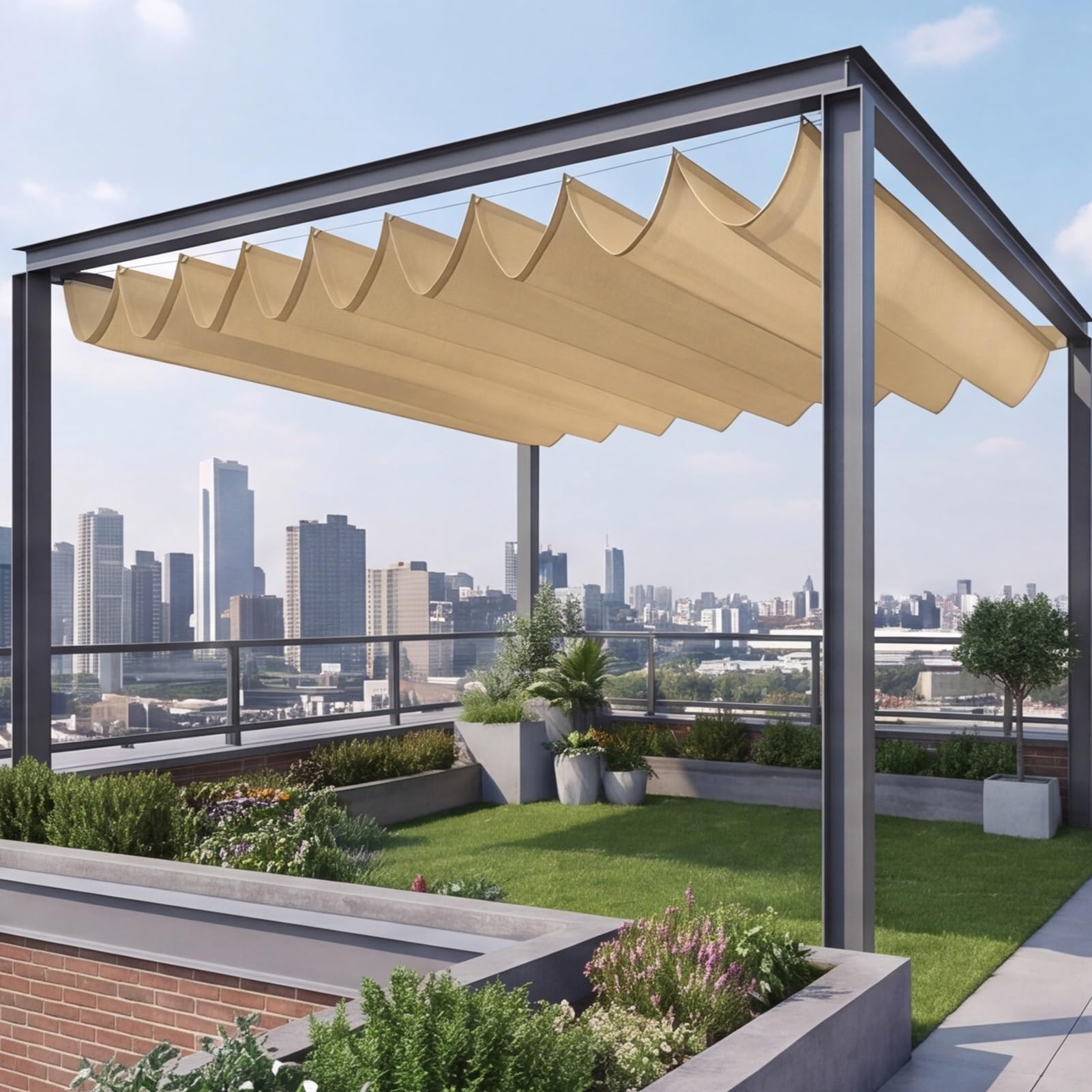 Wysuwana żagiel zacieniający 340 x 430 cm regulowany baldachim i pergola ochrona przed promieniowaniem UV łatwe do zawieszenia chowane markizy falowane na taras balkon zewnętrzny ogród, żółty piasek