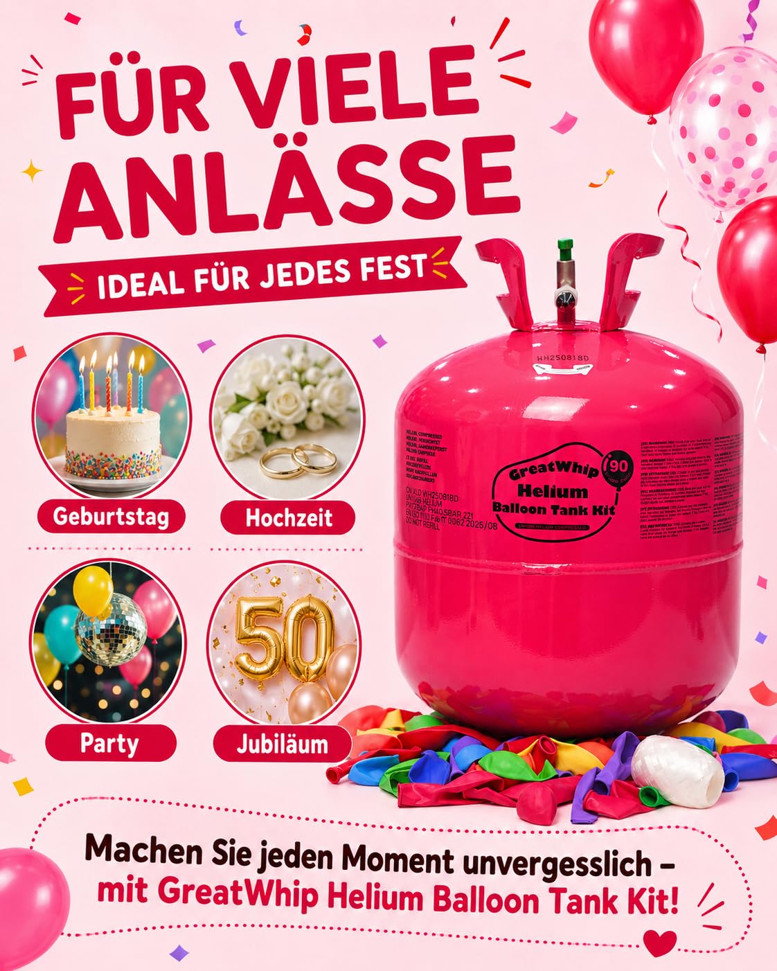 GreatWhip Ballongas für 90 Luftballons Helium Gasflasche 600 Liter (0,6m³) XXXL Einweg mit Füllventil, inkl. Kinderluftballons und Bänder, Hochzeit, Geburtstag, Firmenevent, Party | Einwegflasche mit Füllventil, inkl. Luftballons und Bänder; für Hochzeit,