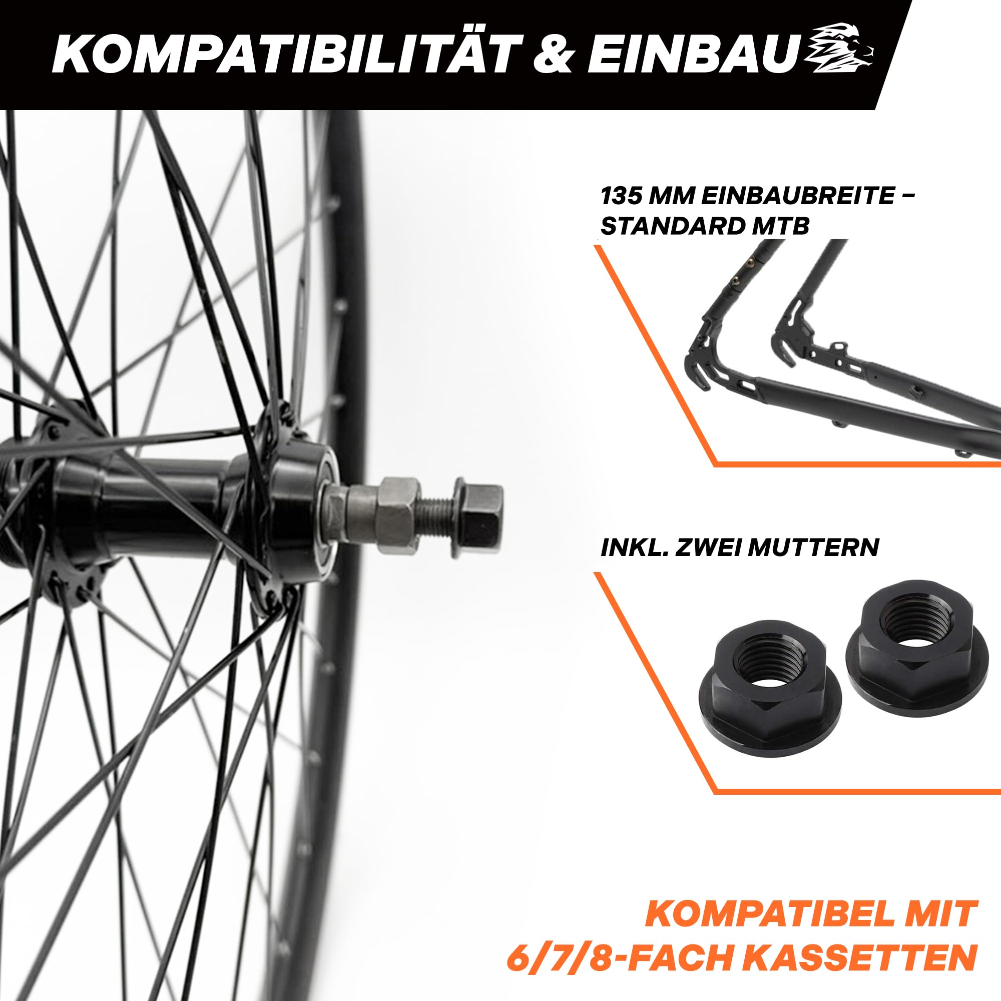 Roue arrière de VTT 26 pouces - Couronne à vis 6/7/8 vitesses - Axe complet de 135 mm - Frein sur jante V-Brake - Jante creuse en aluminium - 36 rayons - Noir - Roue arrière pour VTT