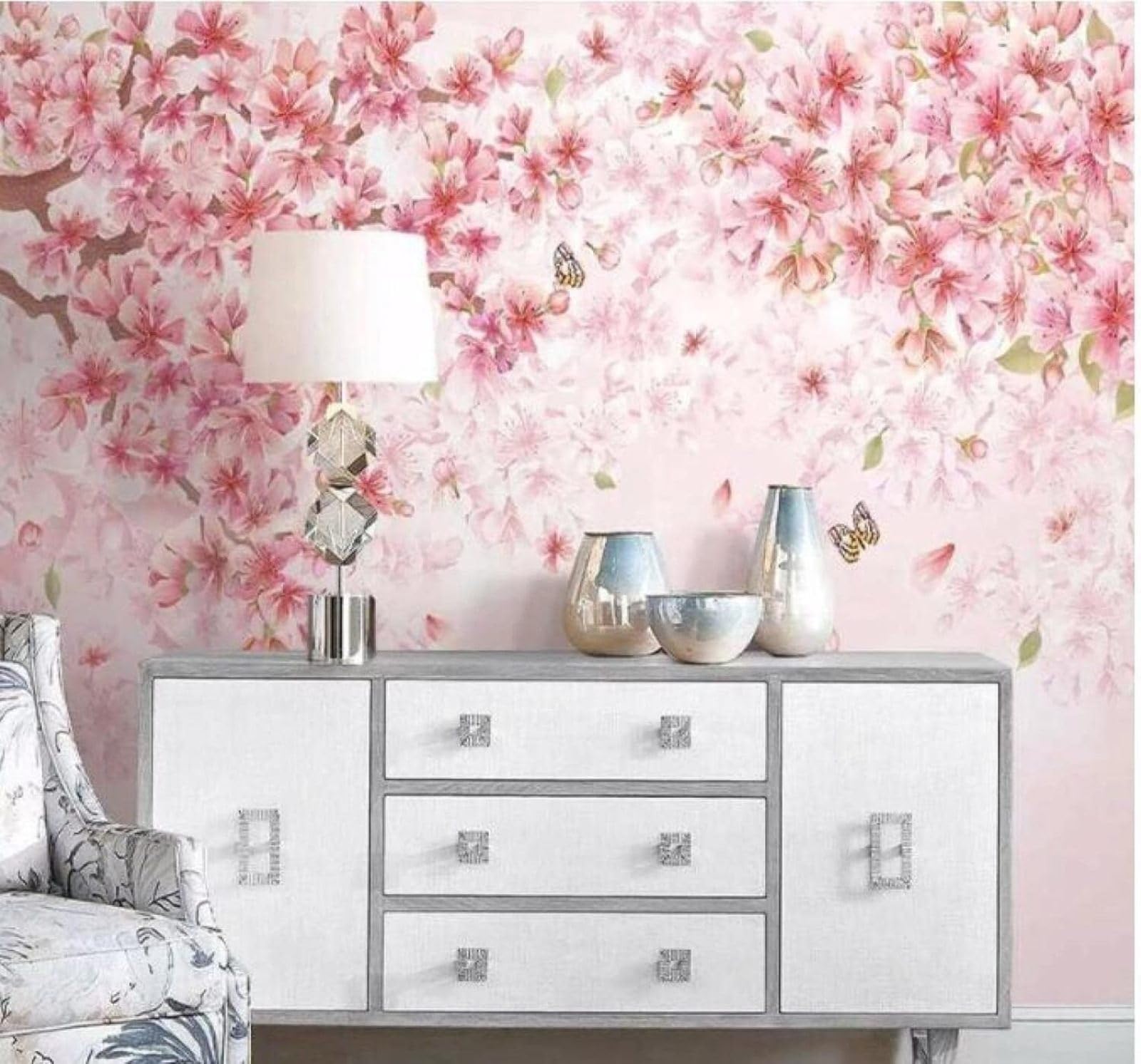 Xlming 300Cm×210Cm(B×H) Pastoral Beautiful Romantic Pink Cherry Blossoms 3D Wallpaper Luxury Silk Study Dining Feature Sofa Grey Bedroom Living Room Tv Decorative Wall-300Cm×210Cm