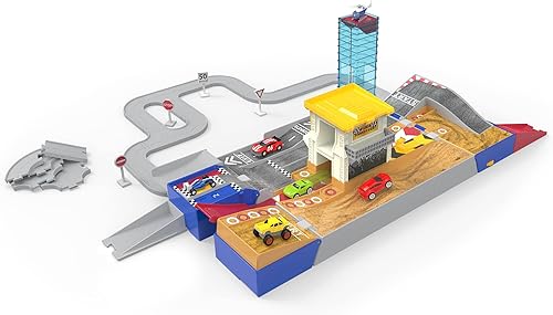 Driven by Battat Juego de carreras plegable de 84 piezas, 6 mini autos, incluyendo coche de carreras, camión monstruo, pistas conectables y más