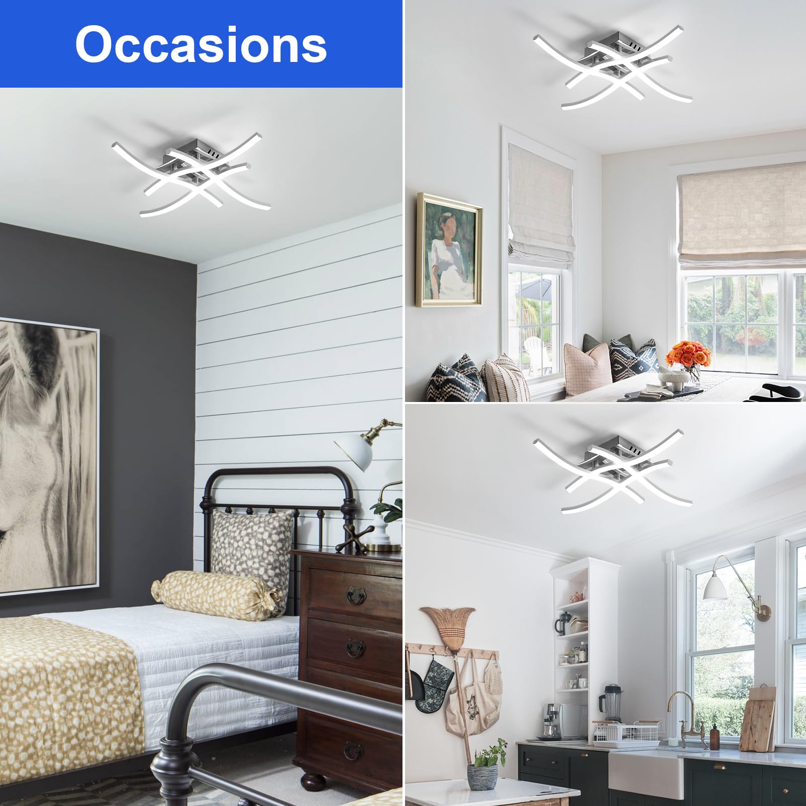 Dorlink Plafoniera LED Soffitto Moderna, 24W 2160LM Lampadario LED Camera da Letto, 6500K Bianco Freddo Lampadari Cucina, 4 Luci Plafoniera Onde Sfalsate Argento, Lampadario Soggiorno, Ø45CM