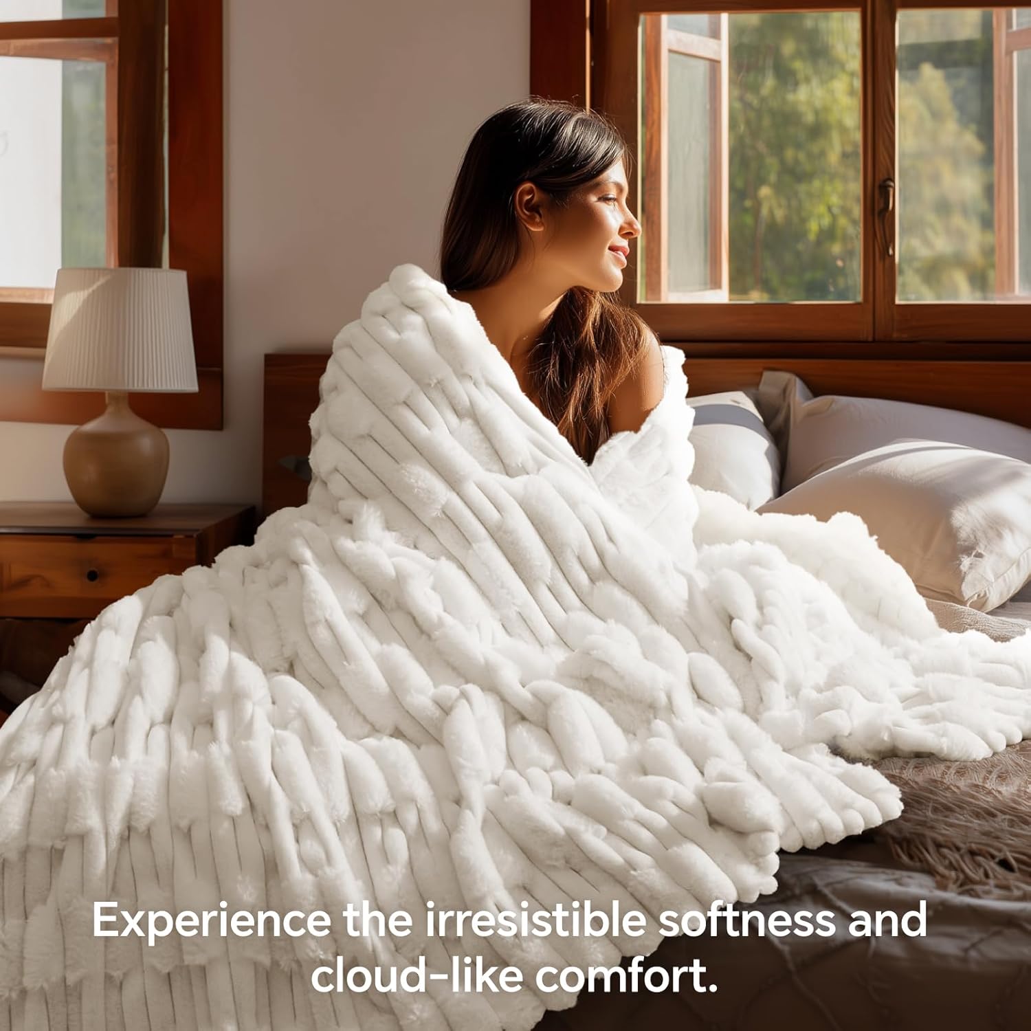 BEDELITE Faux Fur Cream Throw Blanket for Couch - Super Soft & Cozy Plush Striped Blanket for Sofa and Room Decor, Luxury Fluffy All-Season Blankets Gift for Women, Men, Mom, Dad, 50x60 inch, Cream - Image 2