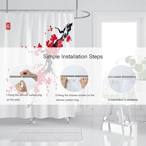 Miniatura 6 de Cortina de ducha con diseño de flor de cerezo rosa, juego de cortina de ducha japonesa Sakura floral, cortinas de ducha de flores de cerezo con