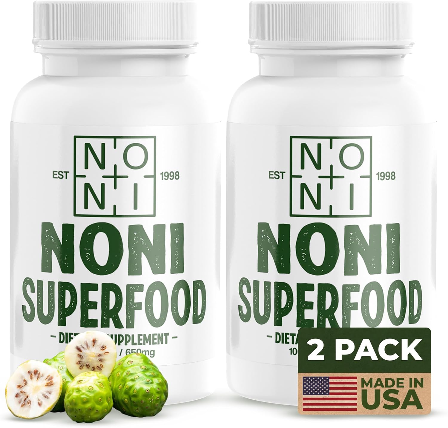 Healing Noni - 2-Pack 1300mg 200ct - 100% Pure Noni Fruit Powder Capsules